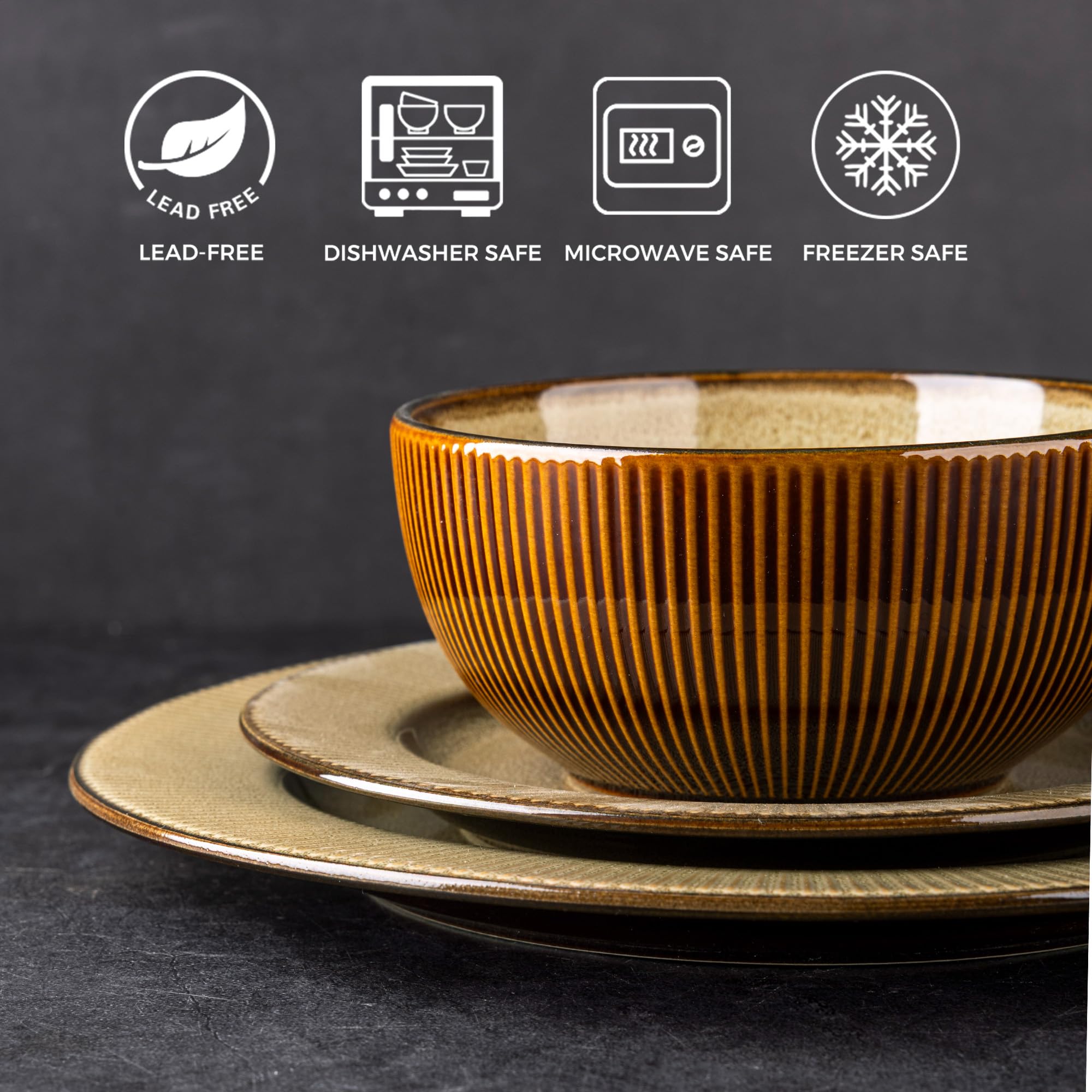 GBHOME Ceramic Dinnerware Sets,12 pcs Embossed Elegant Stoneware Plates and Bowls Sets, Housewarming Wedding Gift | Dishwasher &