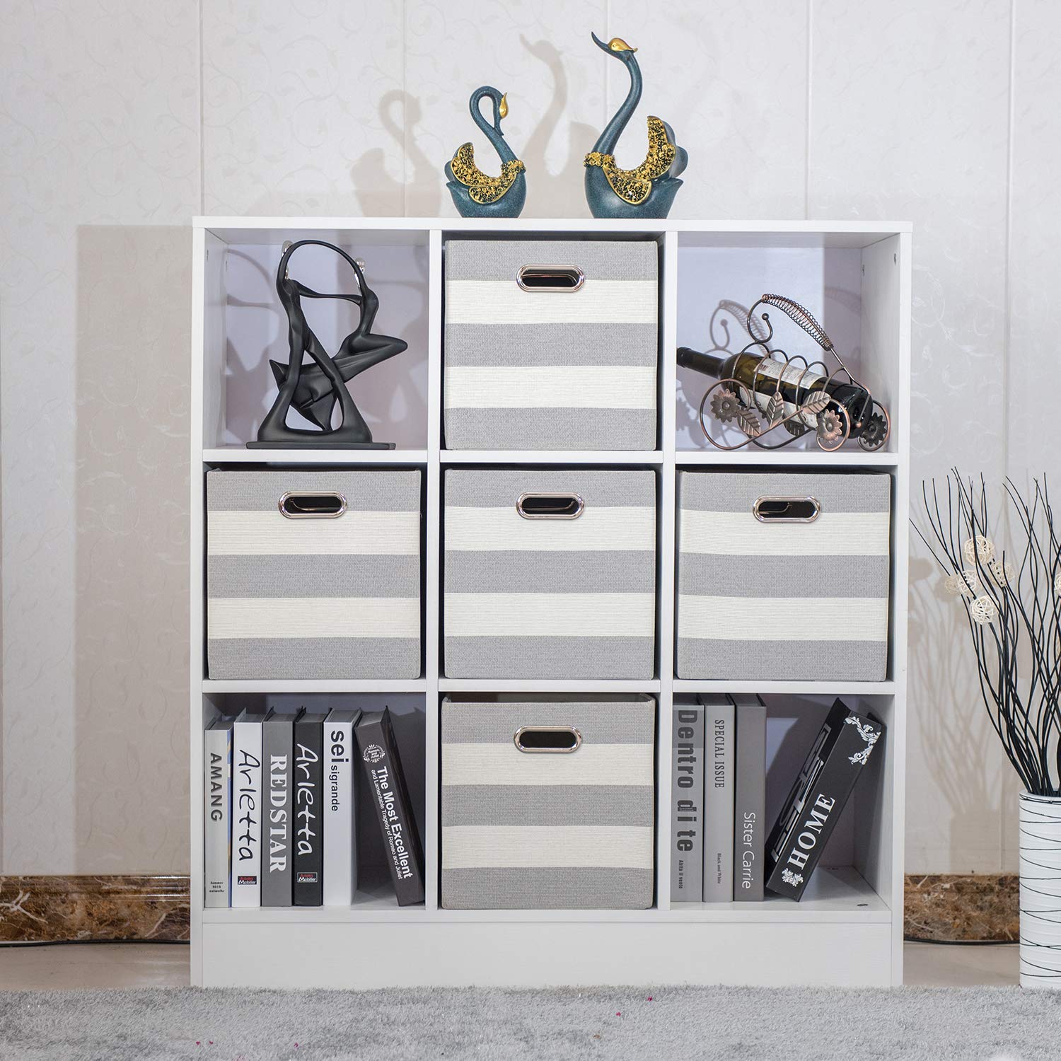 Posprica 3X Thicker Storage Bins Storage Cubes 11?11 Collapsible Storage Boxes Containers Organizer Baskets for Nursery Office Closet Shelf - 4pcs  Grey-white Striped