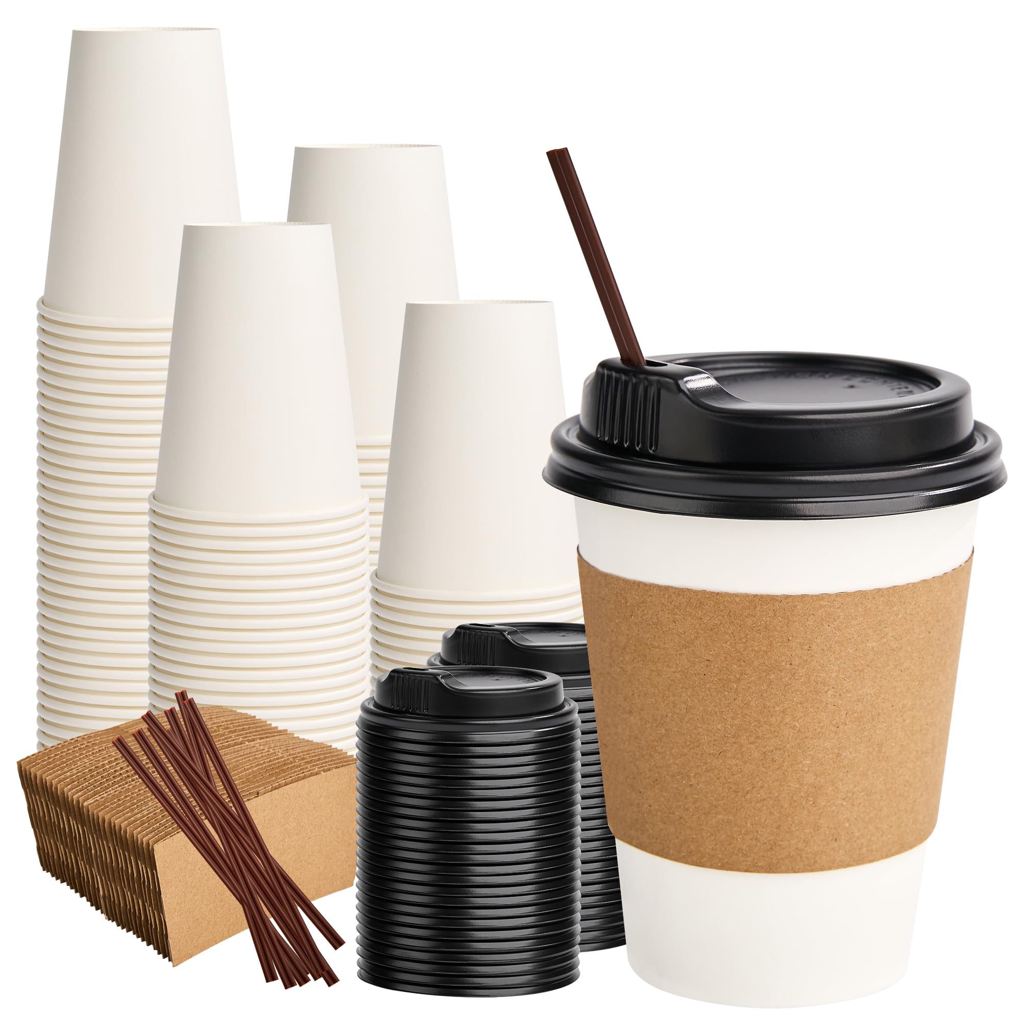 RACETOP 12 oz 100 Pack Disposable Paper Coffee Cups with Lids, Sleeves and Stirrers, Hot Cups, Paper Cups with Lids, Sleeves and