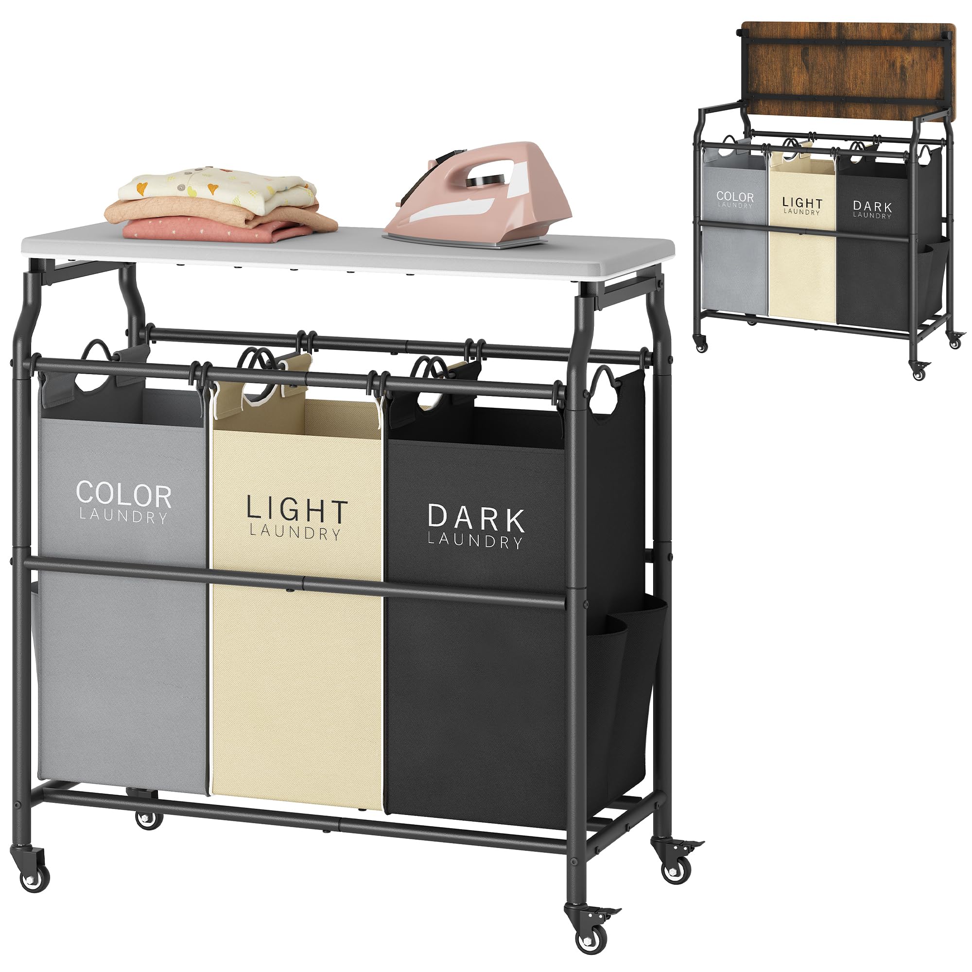 Hoctieon 3 Section Laundry Sorter Cart With Ironing Board, Laundry Hamper With Shelf And Wheels, Heavy Duty Laundry Basket Organ