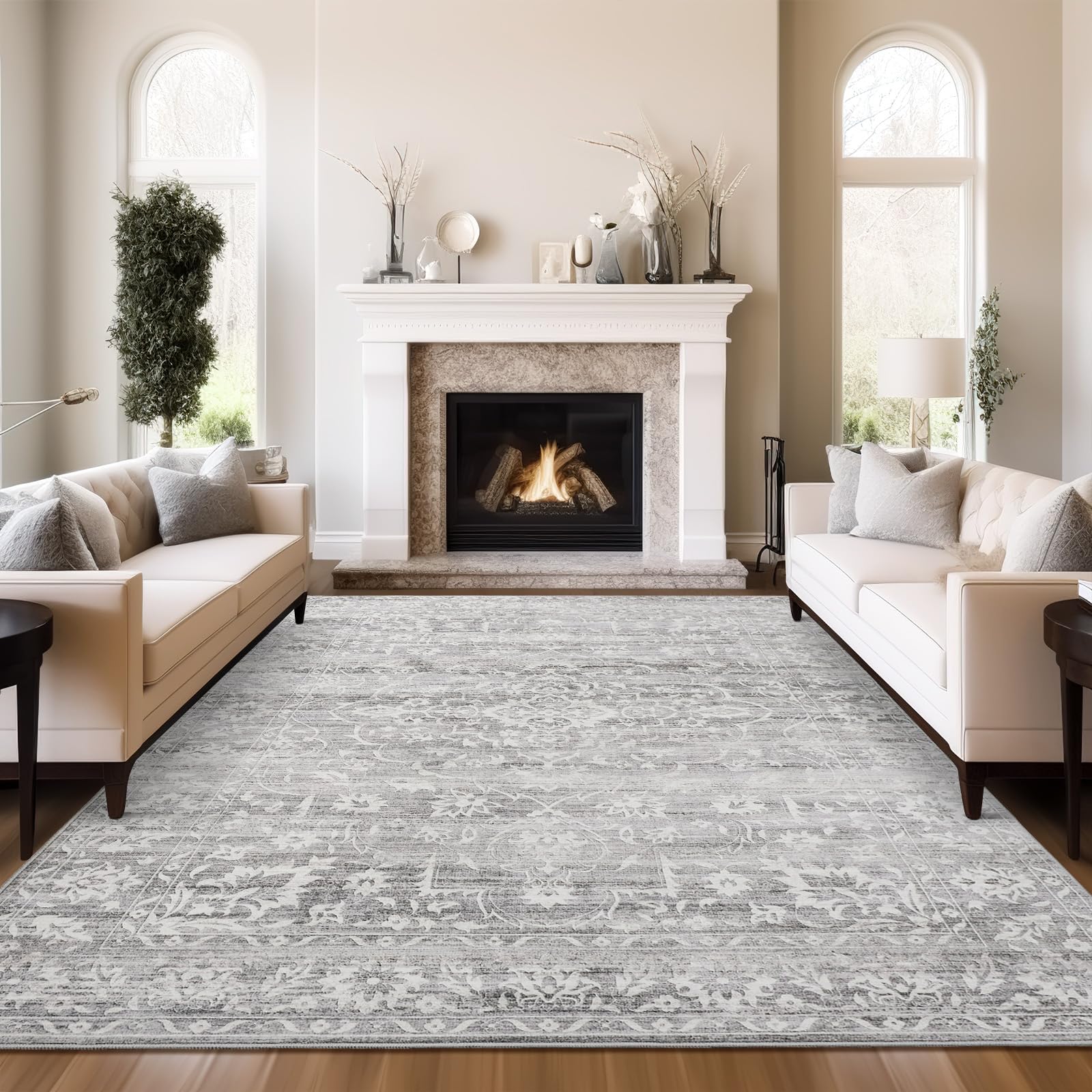 Soalmost 8x10 Area Rugs for Living Room, Stain Resistant Washable Rugs for Dining Room, Kitchen, Floral Vintage Non-Slip Thin Gr
