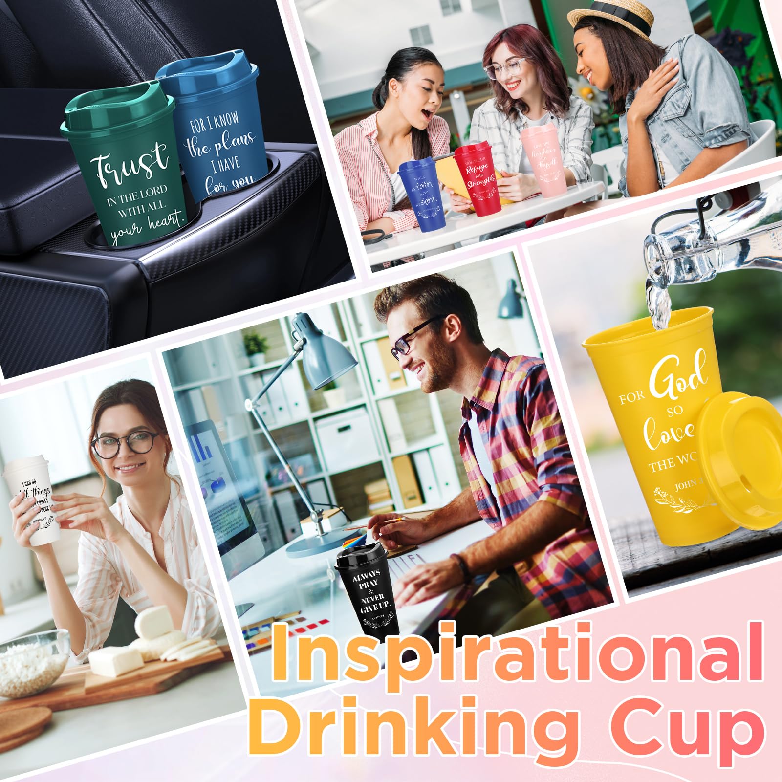 Skylety 60 Pack Christian Gifts for Men Women 16oz Reusable Bible Verse Tumbler Bulk Plastic Coffee Cups with Lids Inspirational