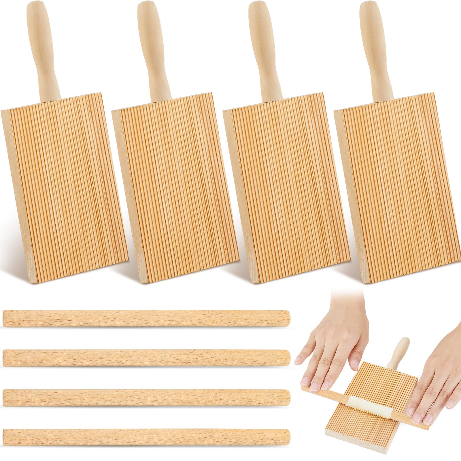 Tessco 4 Pieces Gnocchi Board Wood Pasta Board Beechwood 8.46 Inches With 4 Pieces Roller Gnocchi Paddle Pasta Making Tools Gnoc