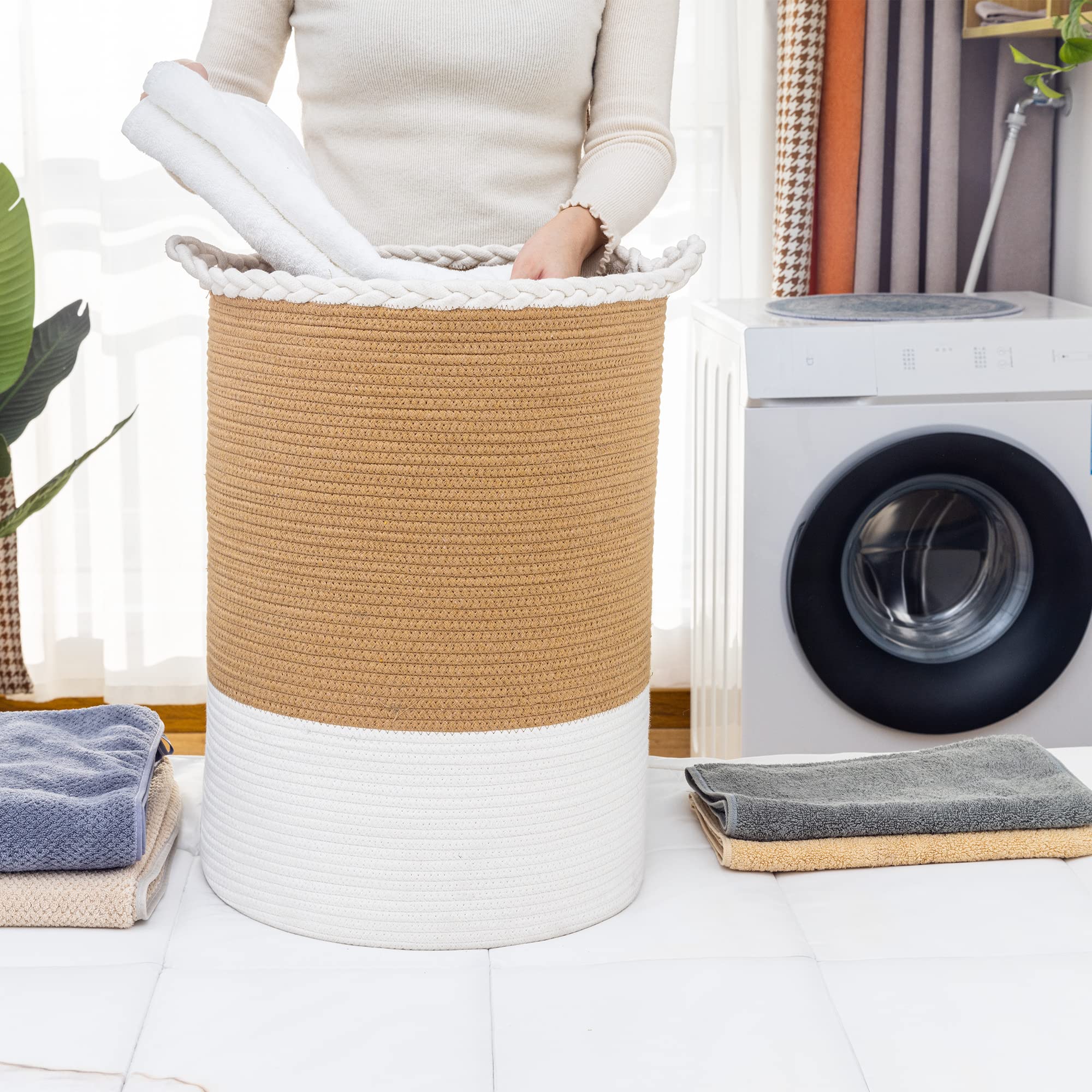 Homlikelan 72L Woven Laundry Basket,Tall Wicker Laundry Basket For Blankets,Clothes,Pillows,Toys,Shoes Large Cotton Laundry Hamp