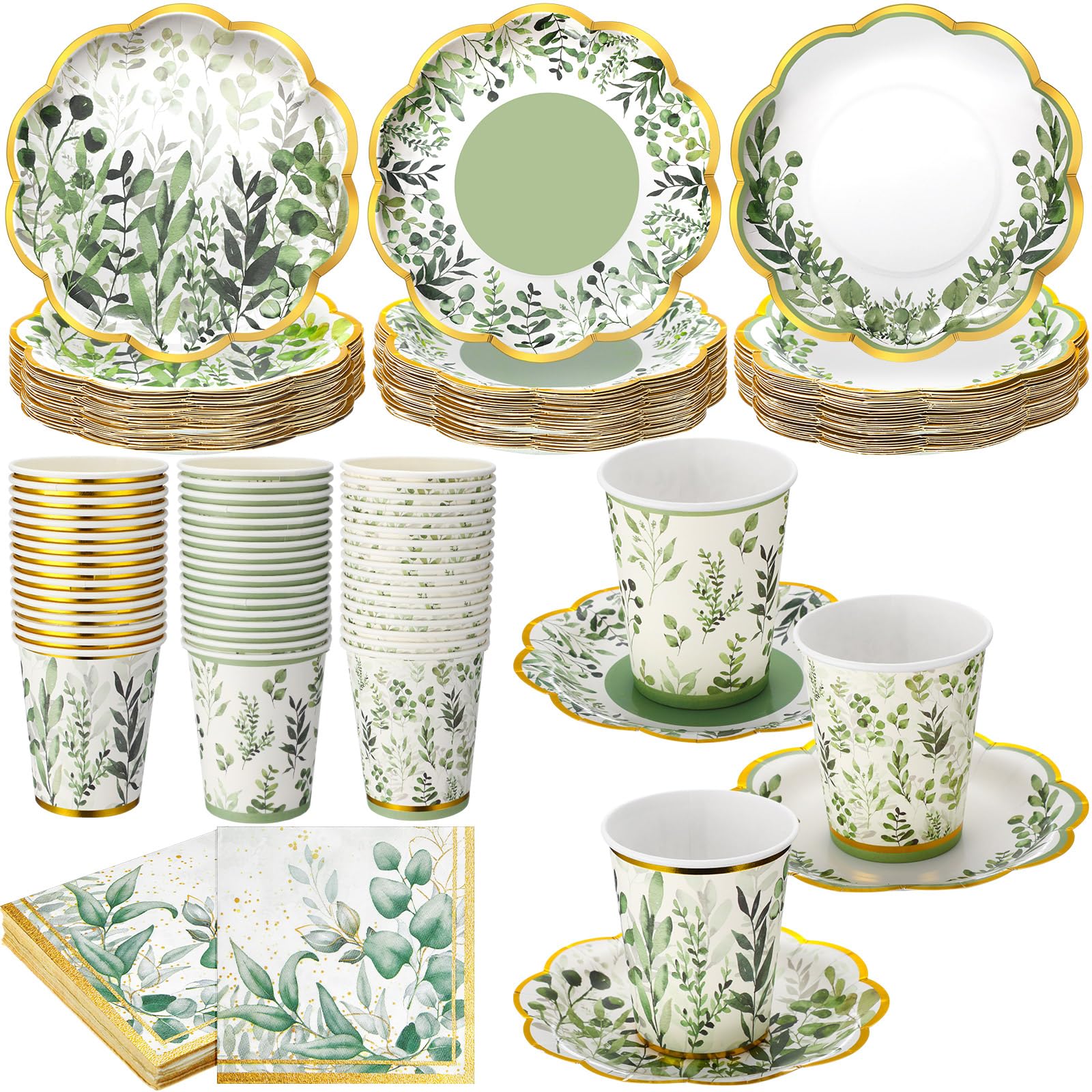 Yungyan 216 Pcs 72 Guests Greenery Plates and Napkins Party Supplies Sage Green and Gold Scalloped Disposable Eucalyptus Paper 6