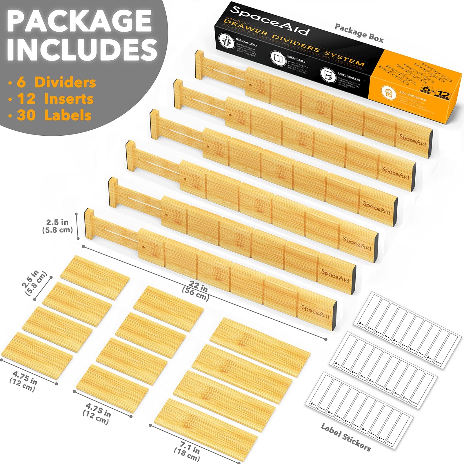 SpaceAid Bamboo Drawer Dividers with Inserts and Labels, Kitchen Adjustable Drawer Organizers, Expandable Organization for Home,