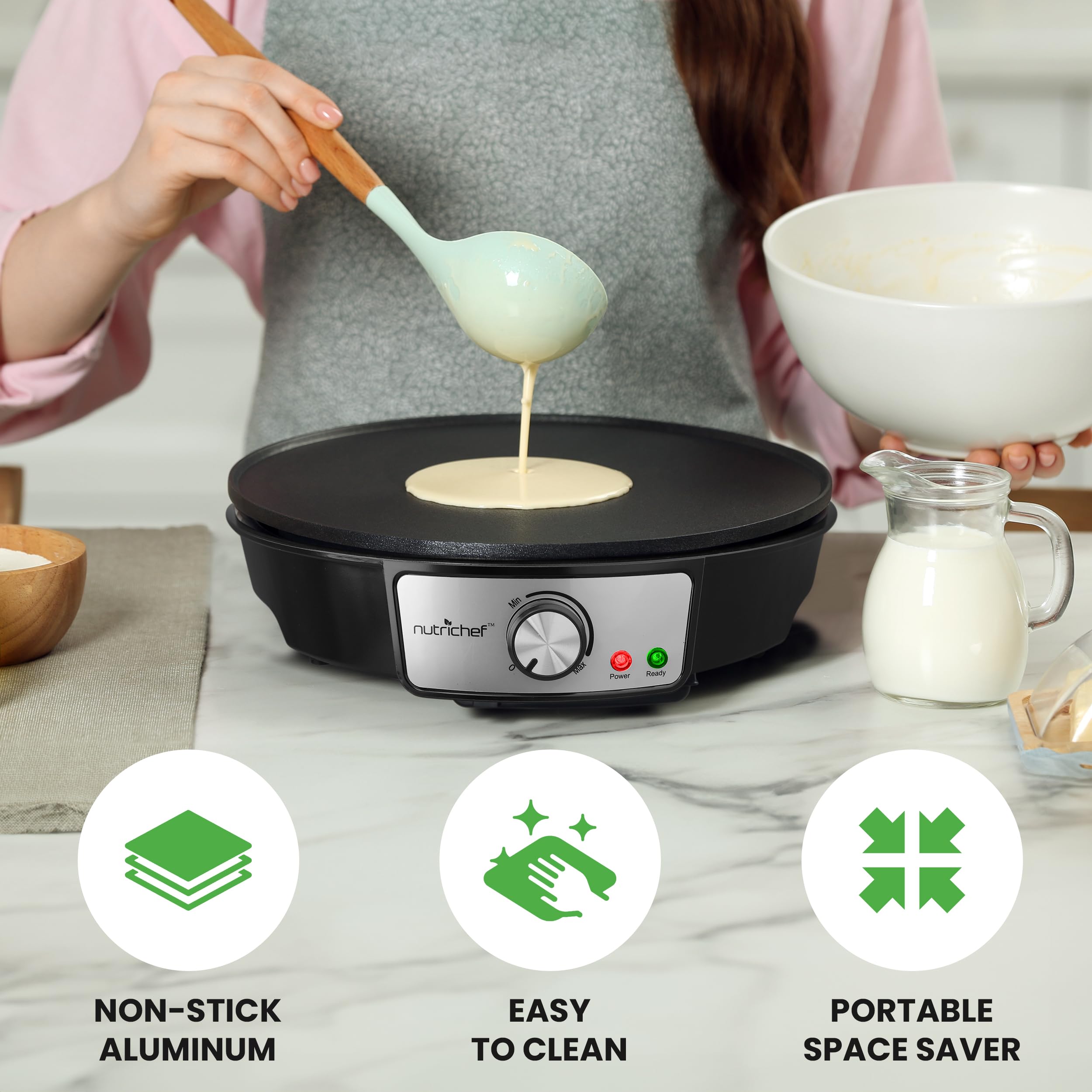 Electric Crepe Maker Pan & Griddle - 12 Inch Nonstick Cooktop - LED Indicators & Adjustable Temperature Control - Includes Spatula  Batter Spreader - Cooks Crepes  Roti & Pancakes