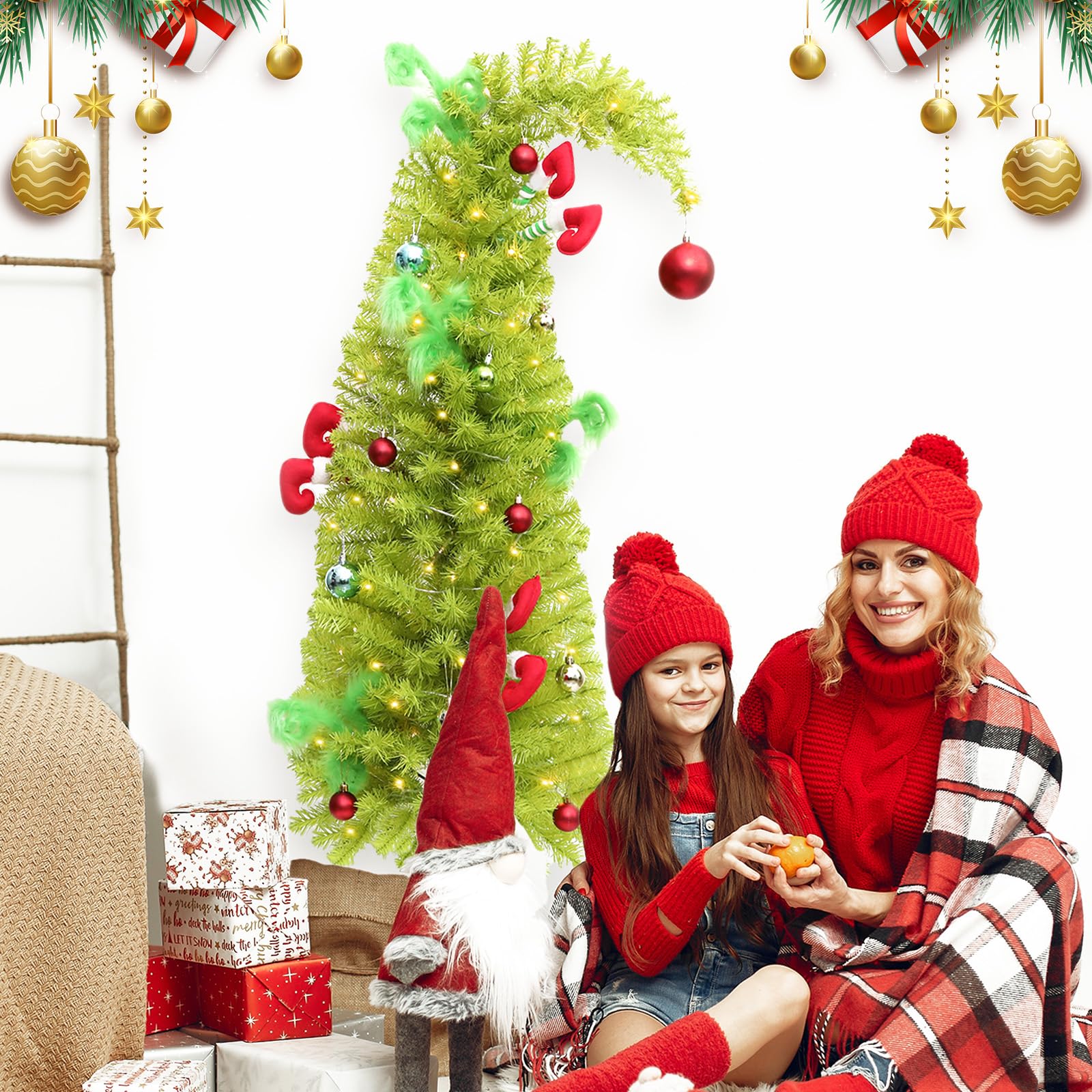 HMASYO 5ft Whimsical Artificial Christmas Tree with 150 LED Timer Lights, Lime Green Bendable Christmas Tree with Ball Ornaments