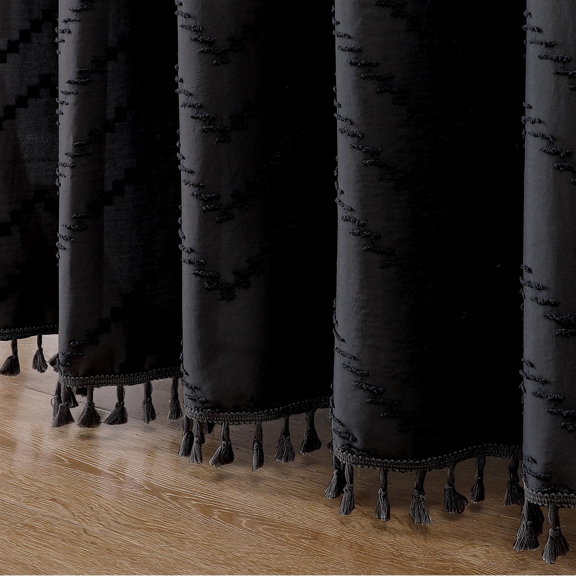 Owenie Black Fabric Shower Curtain, Boho Shower Curtains For Bathroom Chic Tufted Chevron Striped Textured With Tassel, Soft Hot