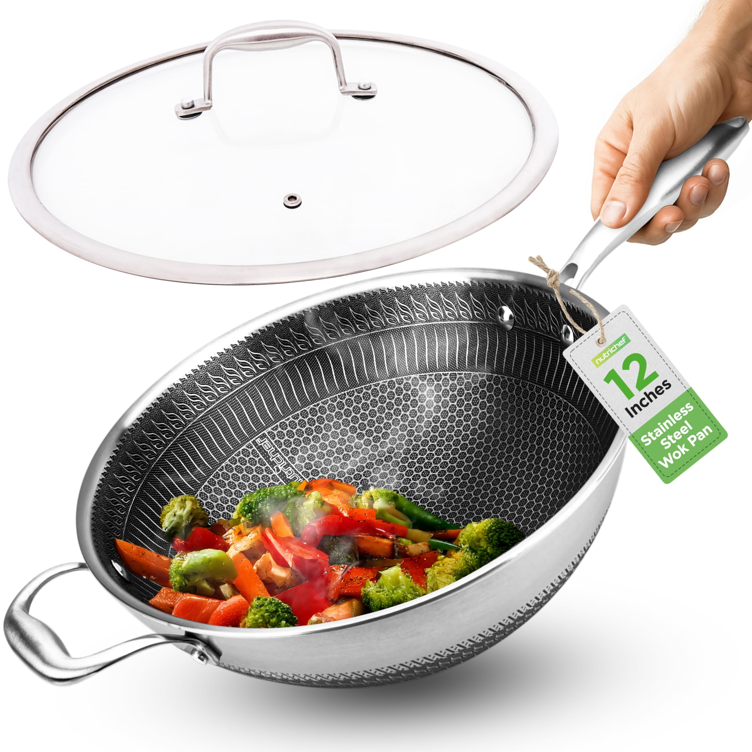 NutriChef 12 Stainless Steel Wok - Induction ready, Non Stick Tri-ply technology, Scratch-resistant Honeycomb Fire Textured Patt