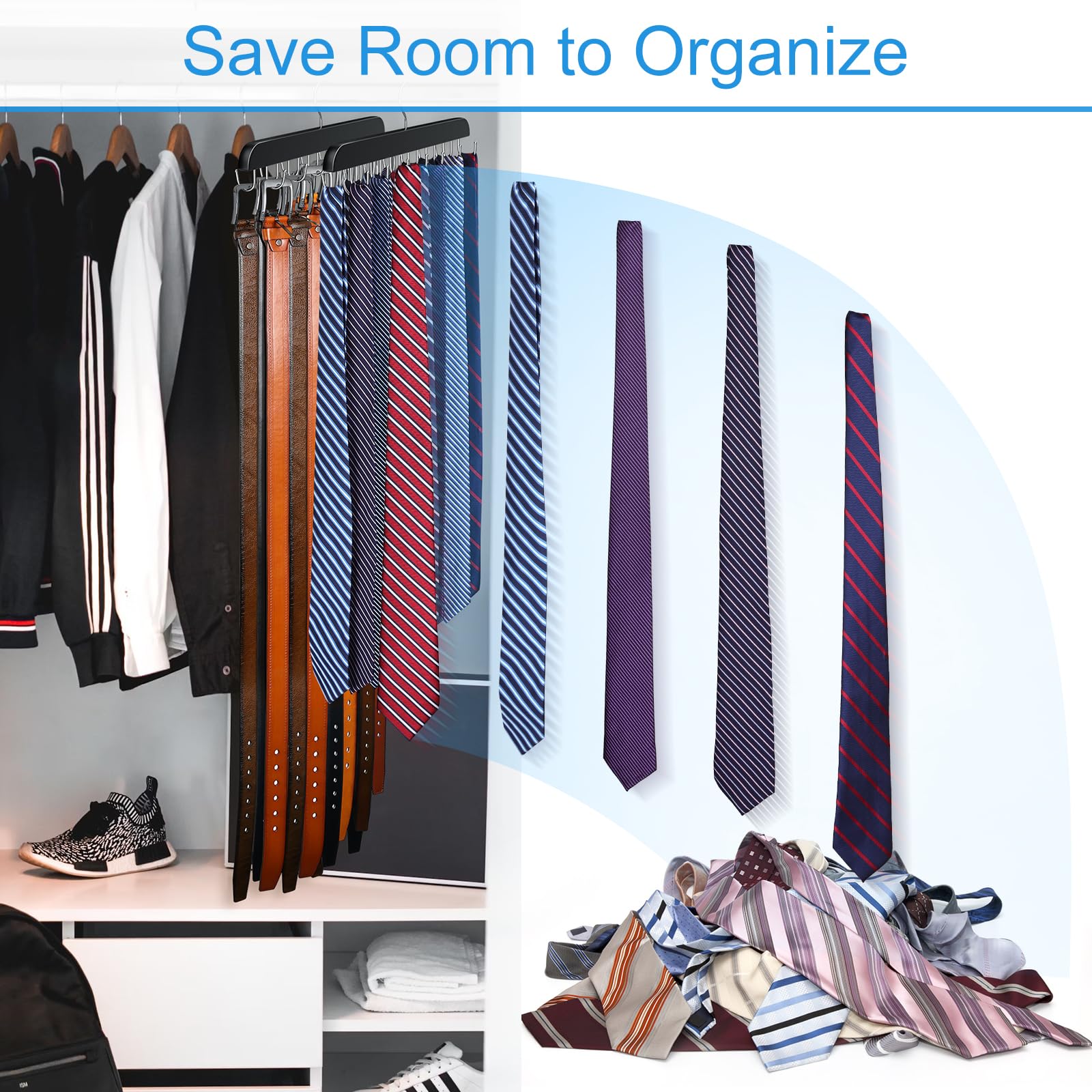 Resovo Belt Hanger For Closet Max 42 Belts, Sturdy Wood Belt Rack Closet Accessories With 14 Hooks Belt Organizer For Closet Org