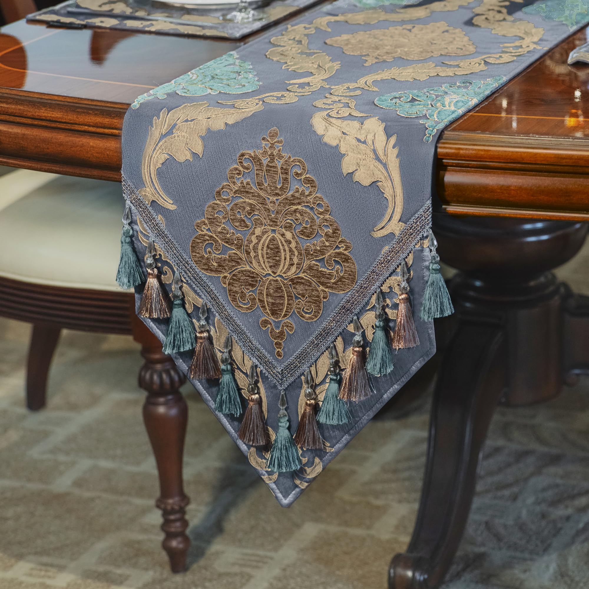 Loom And Mill Luxury Table Runner 72 Inches Long, Traditional Damask Jacquard Table Runners With Handmade Multi-Tassels For Dini