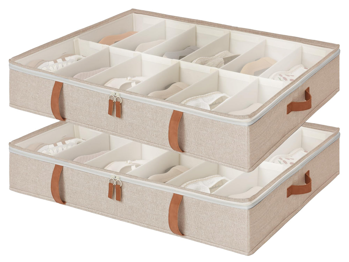 StorageWorks Under Bed Shoe Storage Organizer, Underbed Shoes Container with Adjustable Dividers, Shoe Storage Basket with Cover