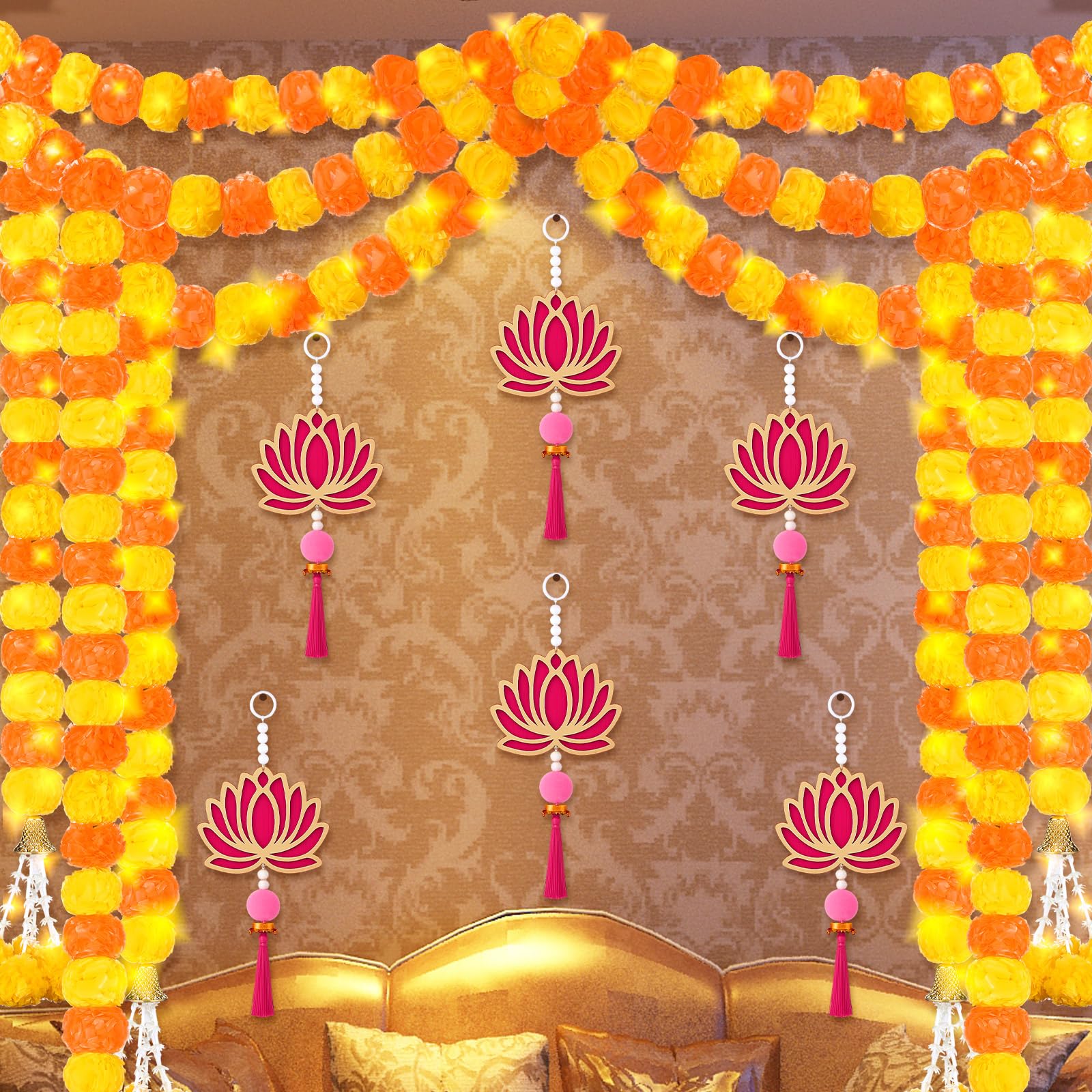 11 Pcs Diwali Decoration 5 Pcs 4.92 ft Marigold Garland Decoration with String Light 6 Lotus Hanging Ornament Indian Decor for P
