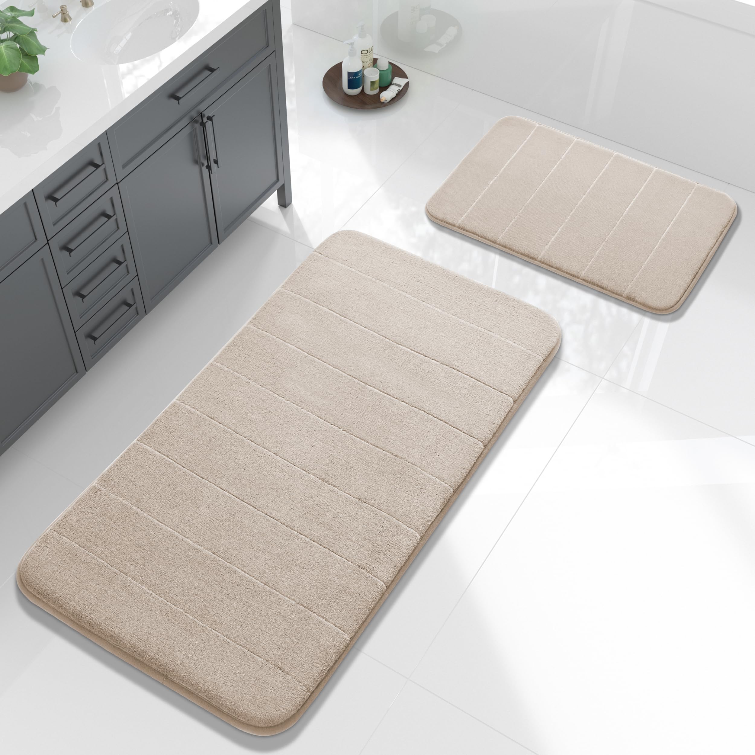 Yimobra Large Memory Foam Bathroom Mat 2 Pieces Set  Non Slip - Super Water Absorption Soft Bath Mats Rugs  Thick  Dry Fast  Machine Washable for Bathroom Floor Rug  44.1 x 24 + 24 x 17 Inch  Beige