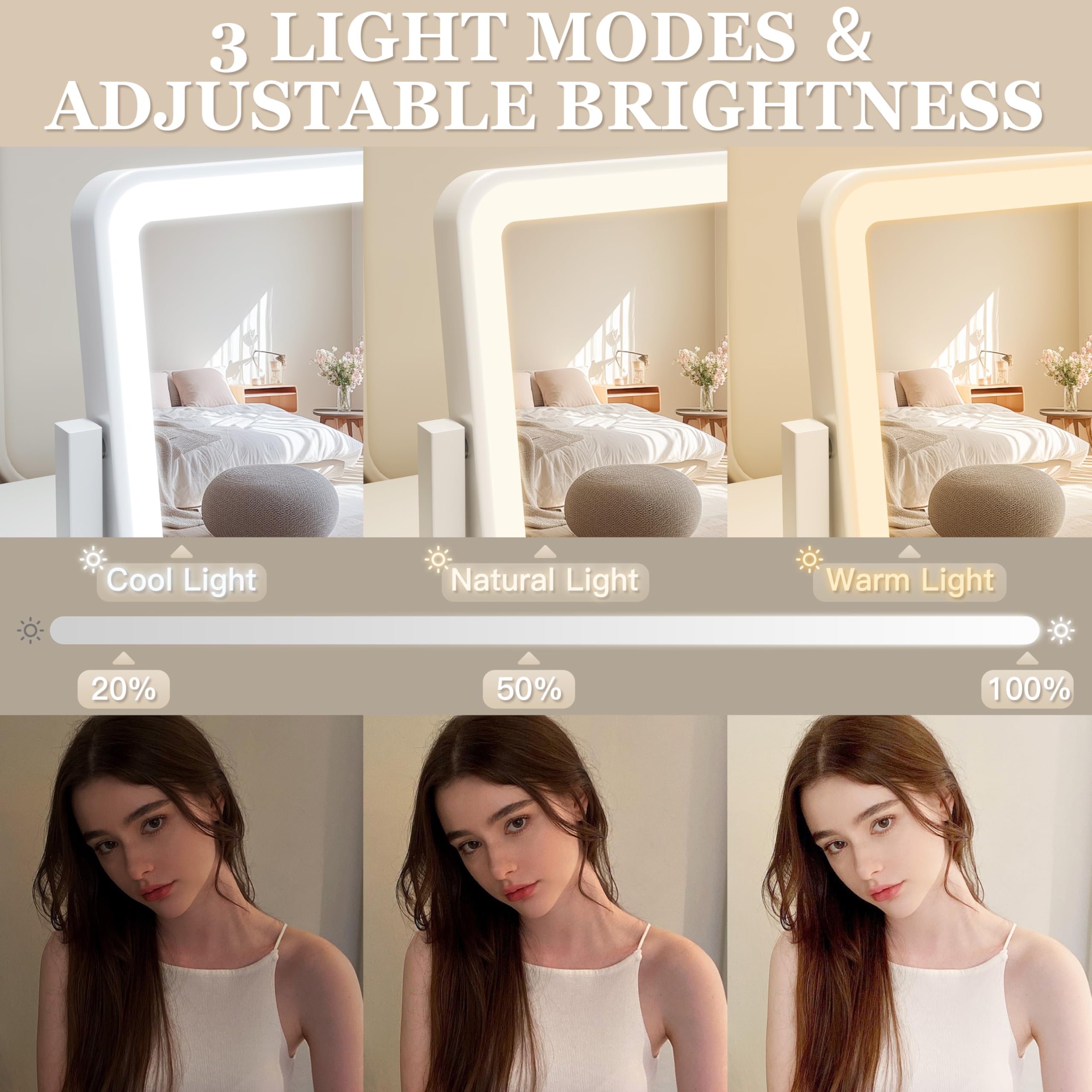 Rolove Vanity Mirror With Lights, 14''  12'' Led Makeup Mirror, Lighted Makeup Mirror With Lights, Smart Touch Control 3 Colors