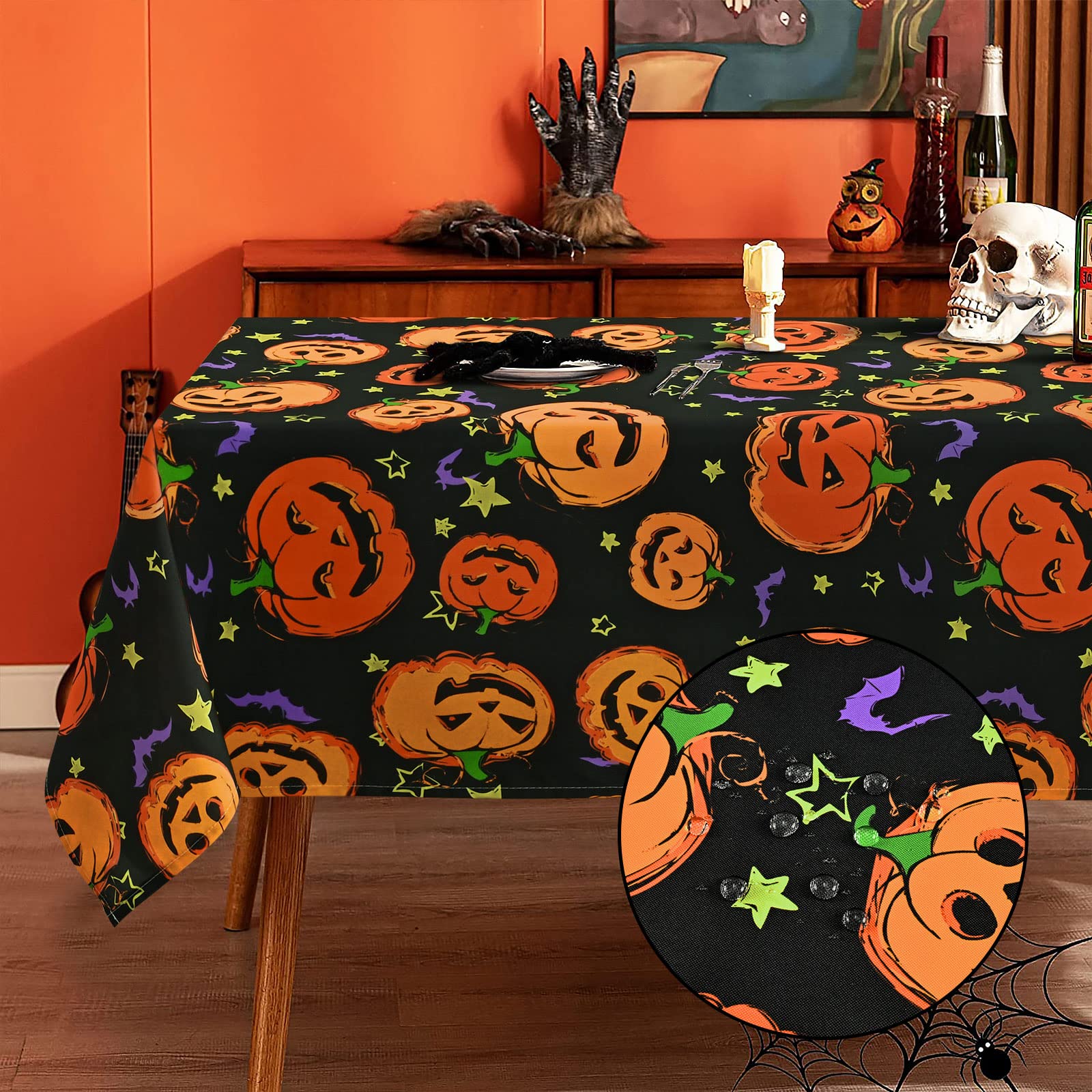 Halloween Tablecloth, Pumpkin And Bat Table Cloth, Orange And Black Star Scary Themed Tablecloths, Waterproof Spillproof Tableco