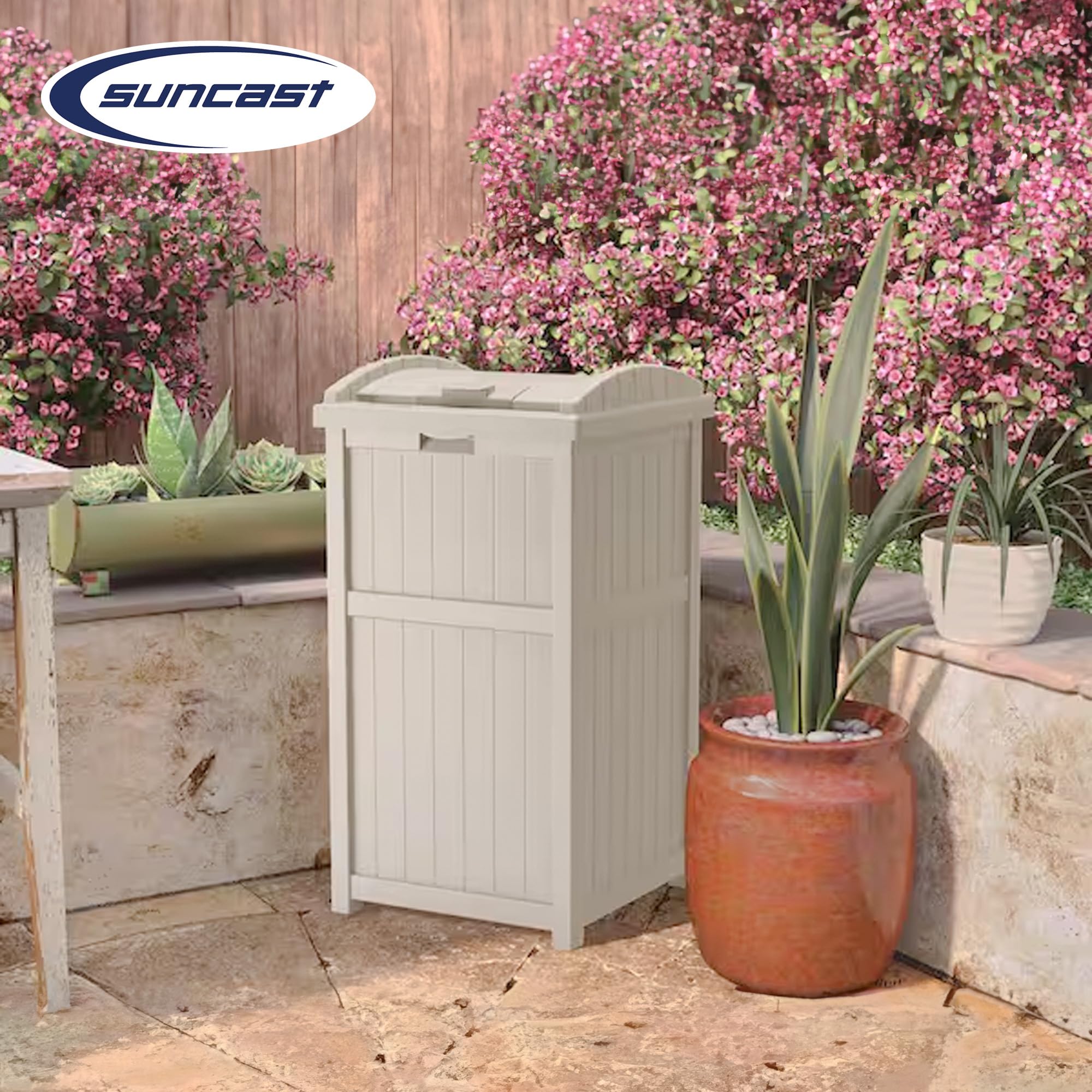 Suncast 30-33 Gallon Deck Patio Resin Garbage Trash Can Hideaway  Taupe (2 Pack)