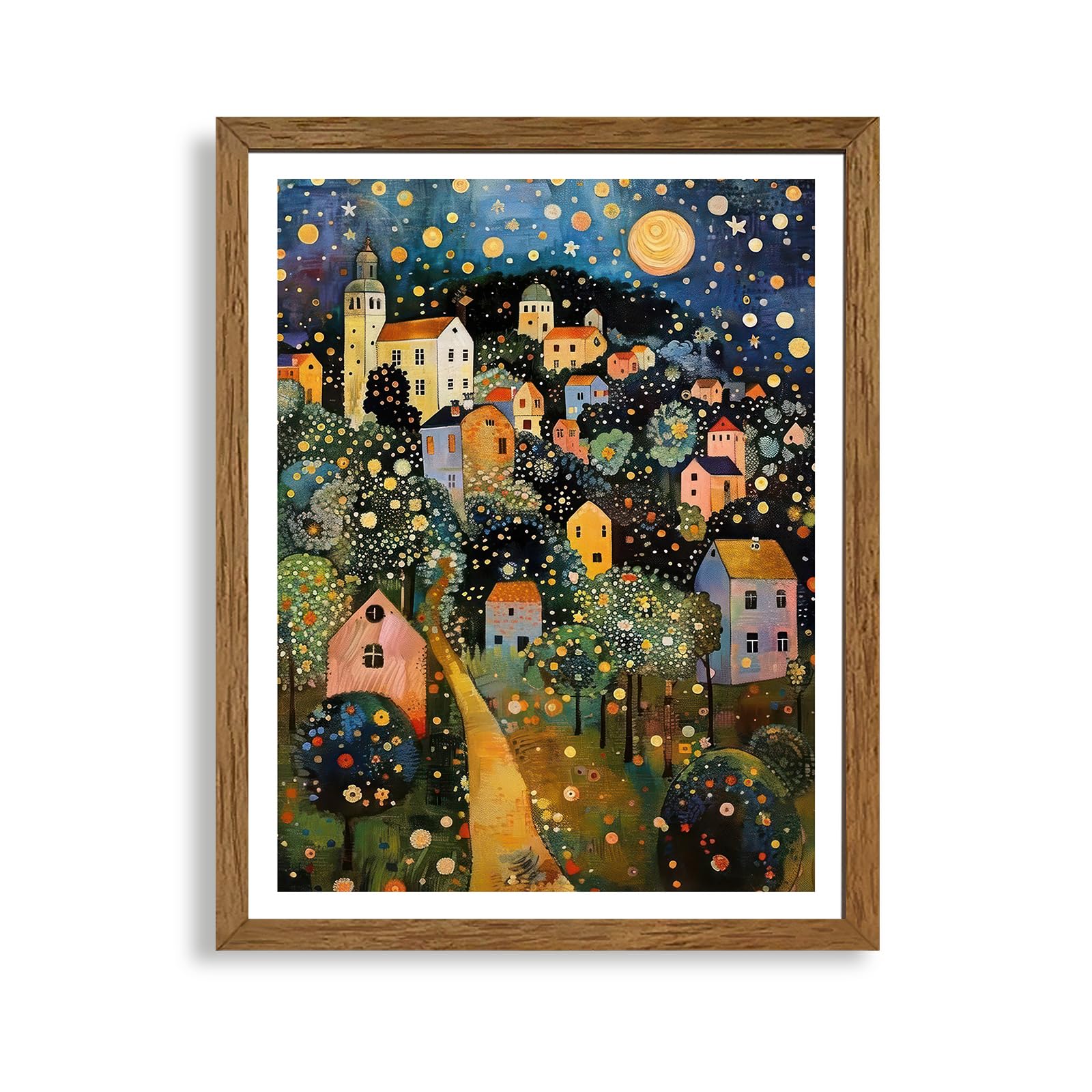 Avecco Colorful Framed Village Night Canvas Wall Art, Gustav Klimt Style Moon Stars Tree Wall Decor, Vibrant Starry Landscape Po