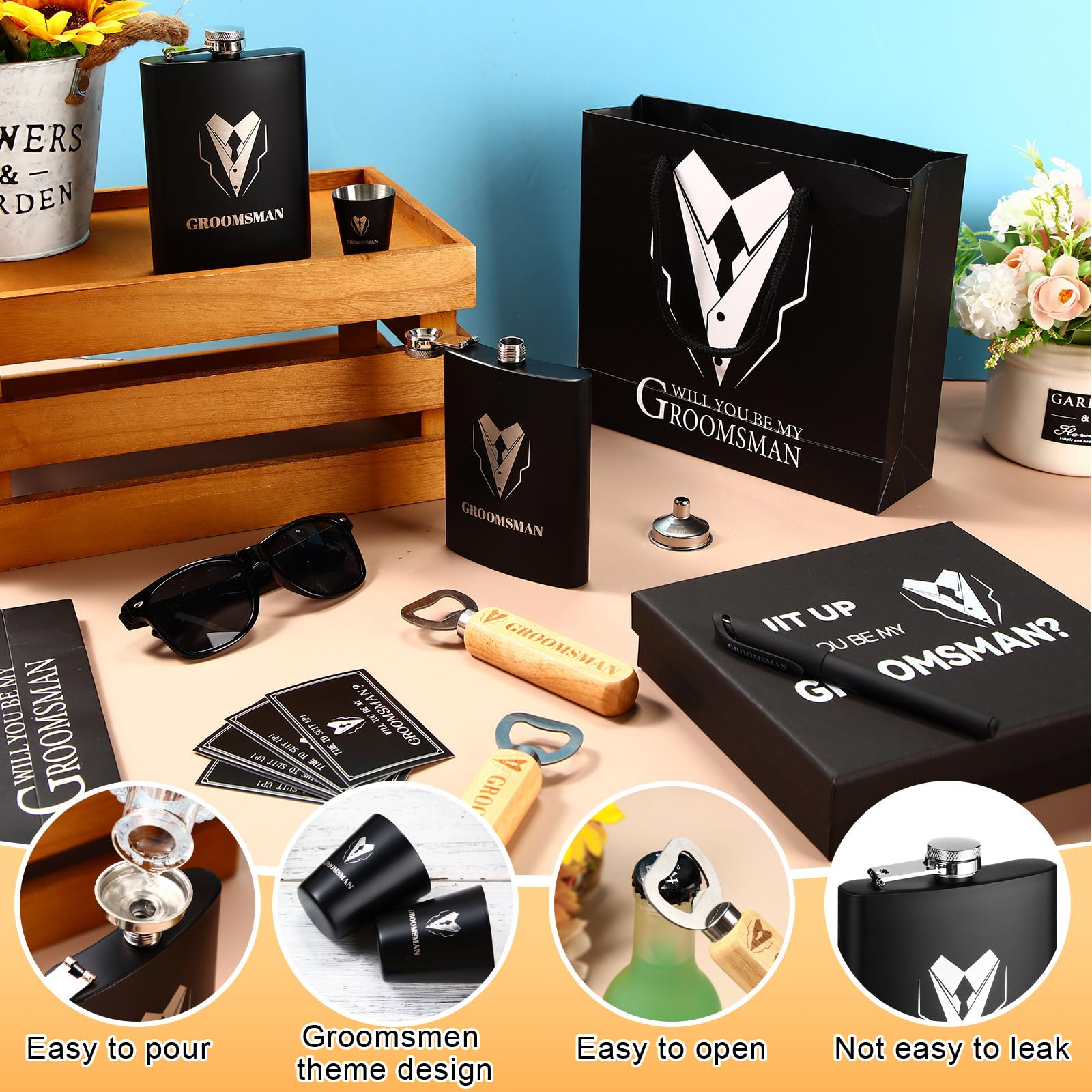 Layhit 54 Pcs Groomsmen Gifts Set Of 6, Groomsmen Proposal Gift Set, 6 Flask And 12 Stainless Steel Shot Glass 6 Wood Bottle Ope