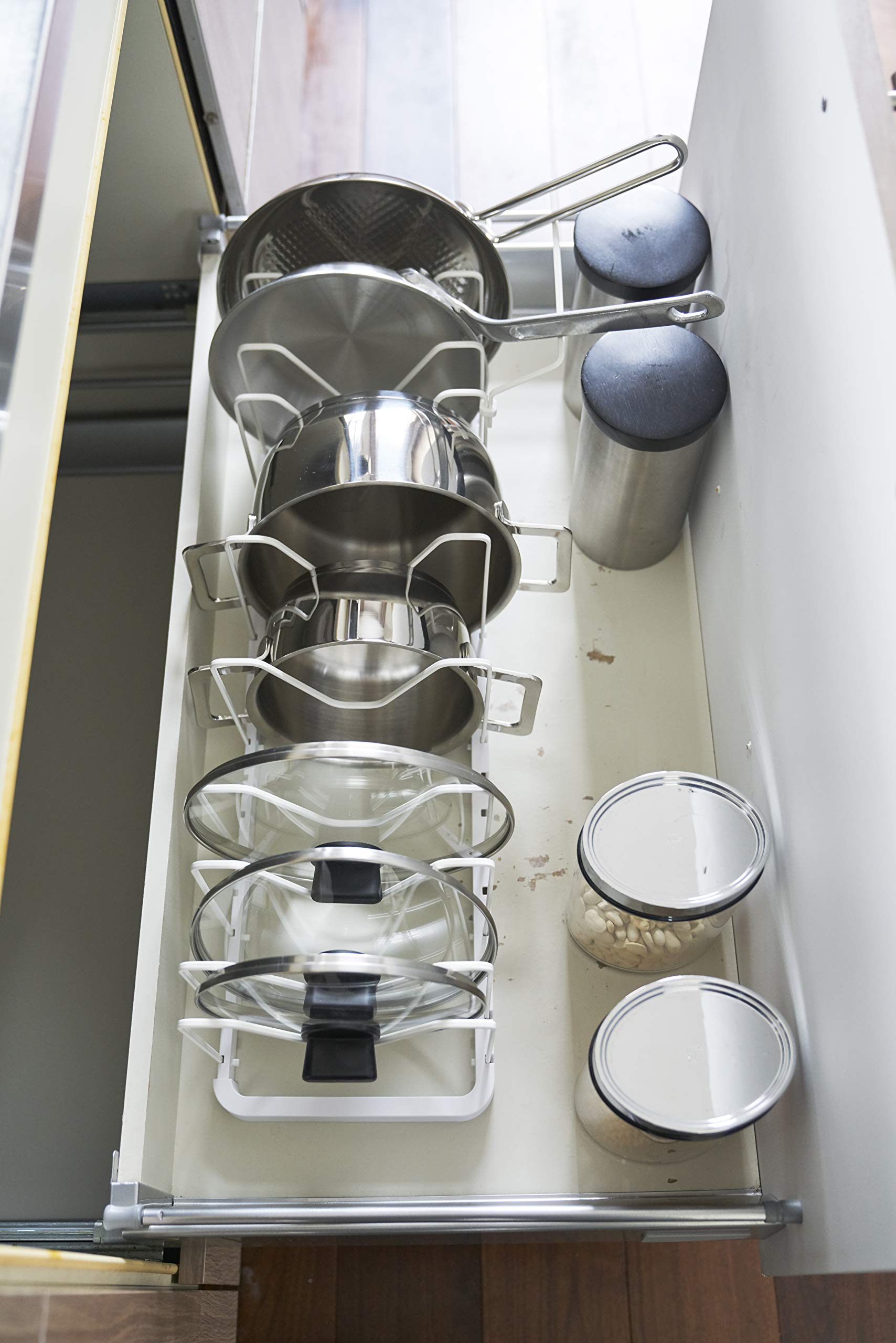 Yamazaki Home 3840 Adjustable Lid & Pan Organizer-Kitchen Drawer Storage Shelf Rack, One Size, White