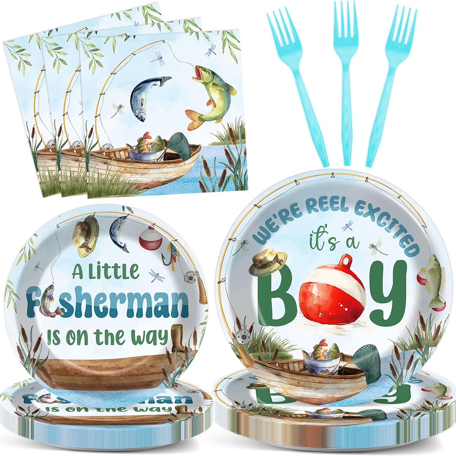 96Pcs A Little Fisherman Is On The Way Plates and Napkins Baby Shower Party Decorations Gone Fishing Dessert Disposable Plates I