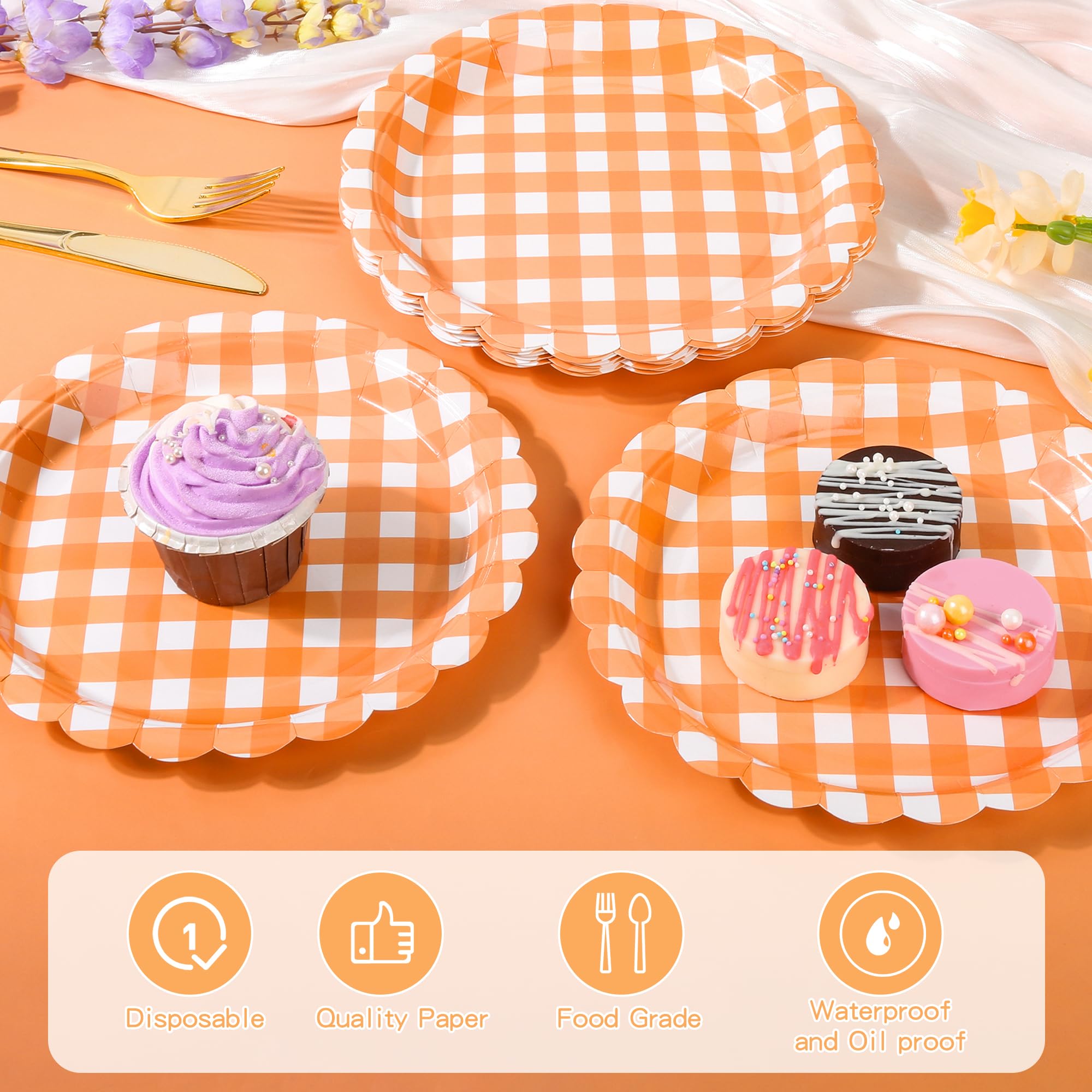 Houuqe 48 Pcs Gingham Paper Plates - 7 Inch Scalloped Fall Paper Plates Orange and White Checkered Party Plate Disposable Plaid