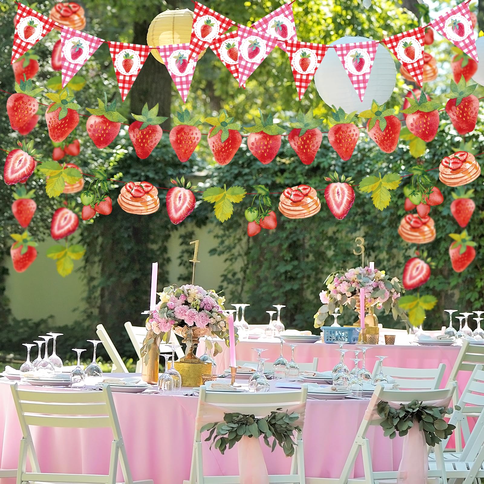 Homarkable Strawberry Birthday Banners, 5 Pcs Girl Party Banners, Berry First Birthday Decor for Girls, Strawberry Baby Shower