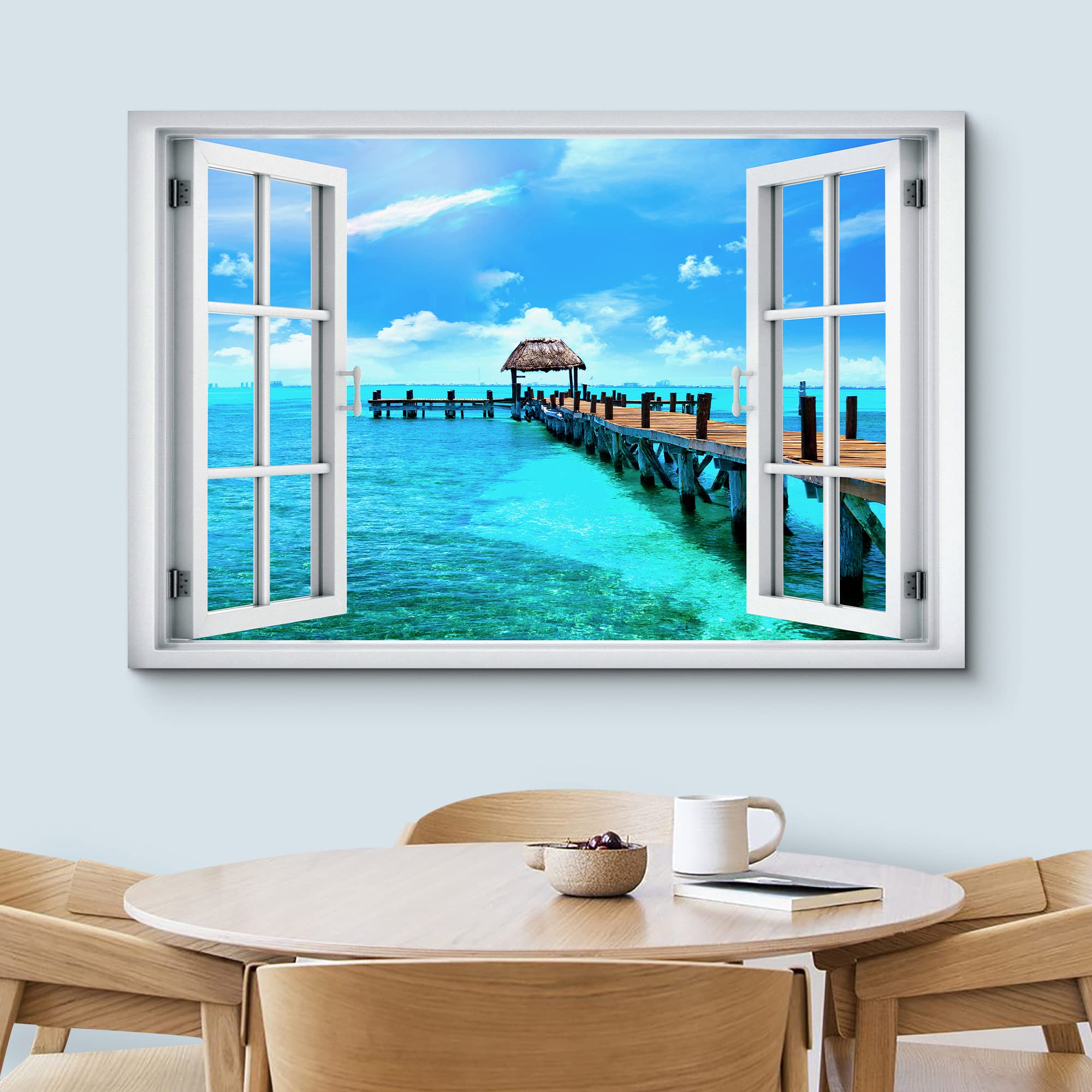 Wall26 Canvas Print Wall Art Window View Tropical Island Beach Pier Hawaii Tahiti Wilderness Nature Photography Realism Scenic L