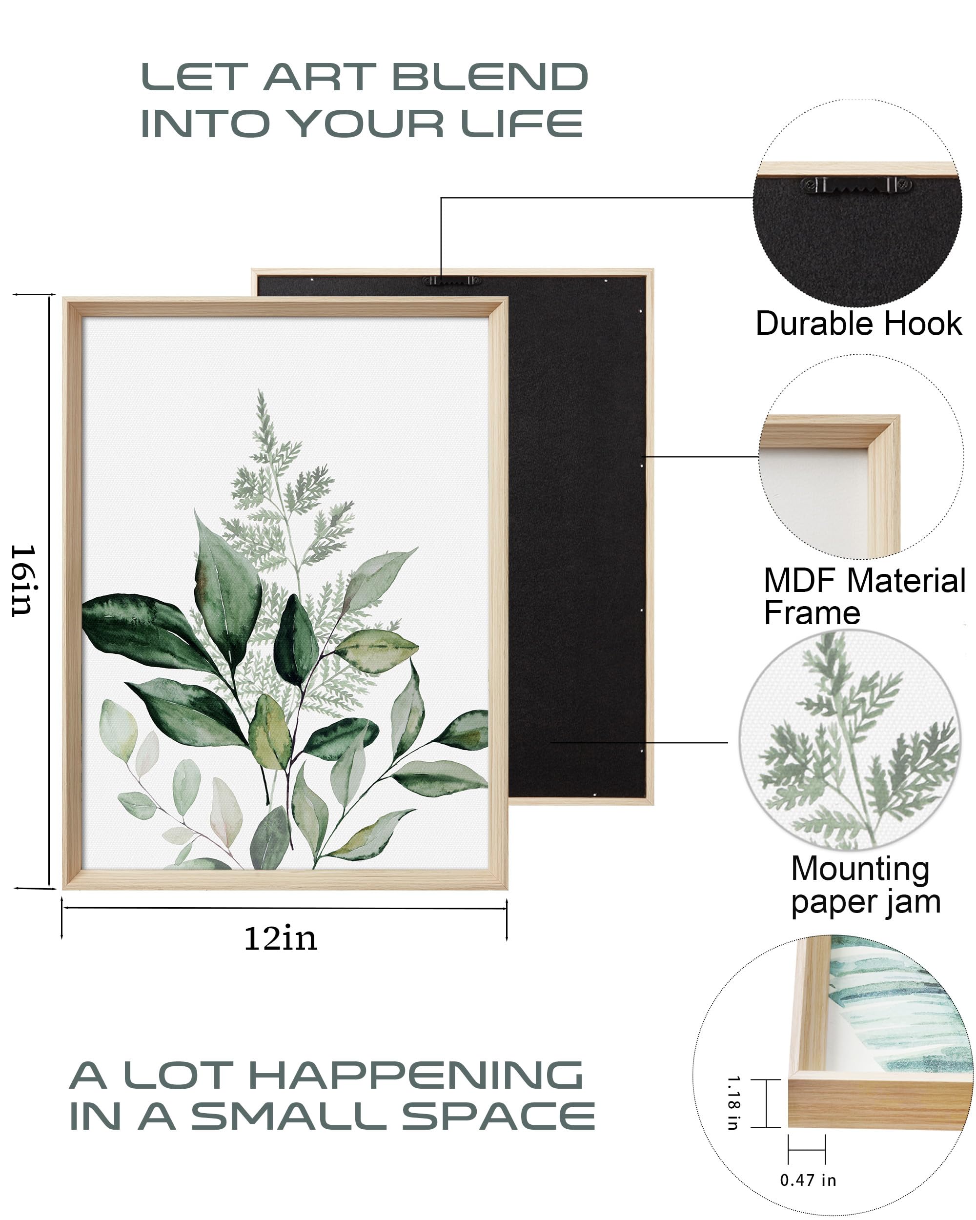 UPWOIGH Framed Green Wall Art(No Plexiglass)  Olive Leafs Canvas Wall Art 16x12in Botanical Wood Bohemia Sage Wall Decor Prints Artworks for Bathroom Bedroom  Plant Neutral Wall Decor Set of 3