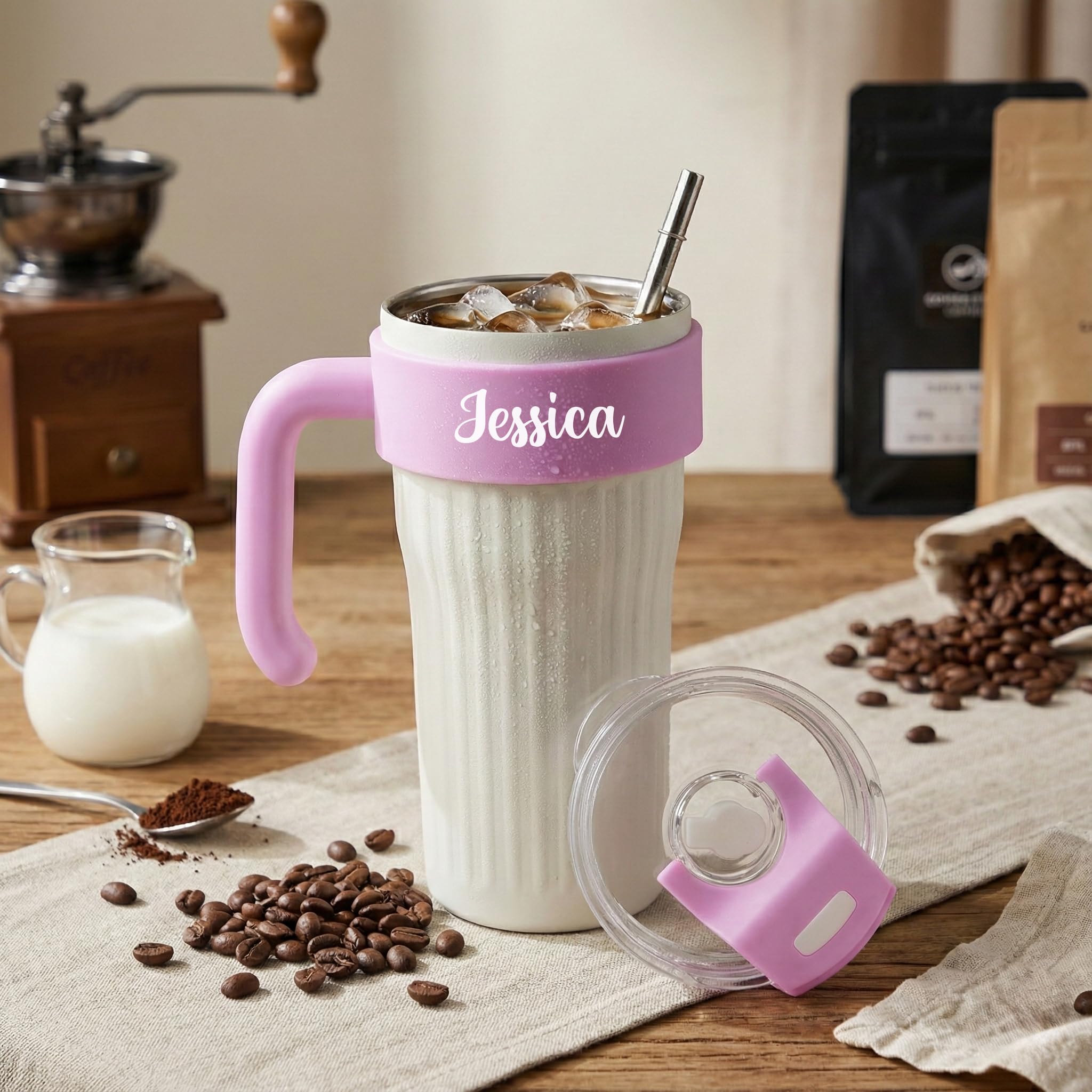THE BLING GLOBAL Personalised Travel,Coffee Mug with Name,Custom Name Printed Pink Mug with Handle & Lid, Reusable Tea Coffee Cu