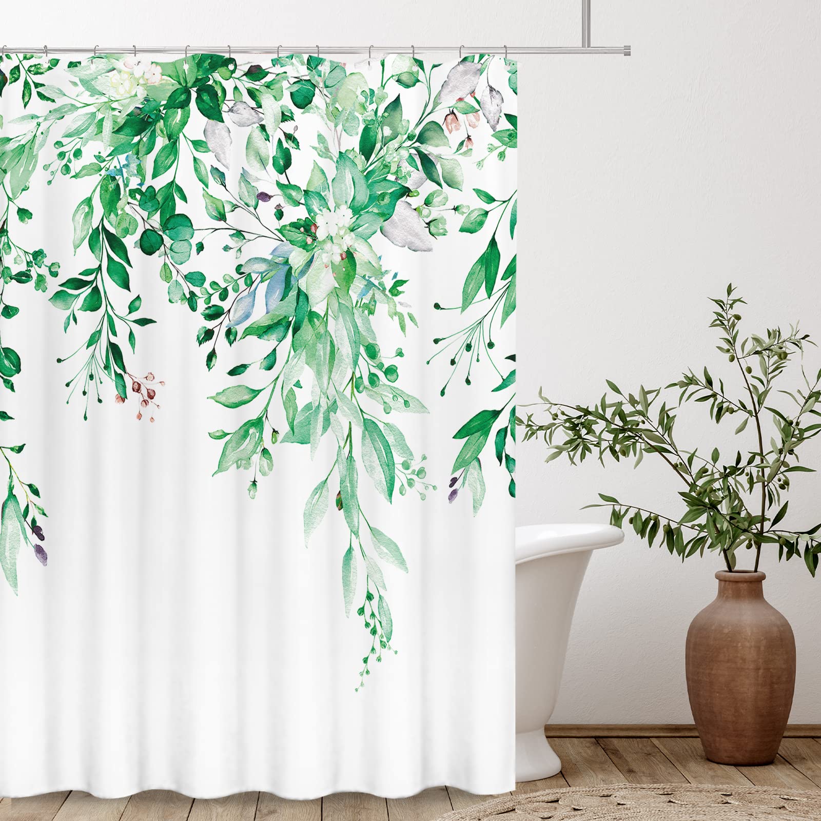 Tititex Emerald Green Eucalyptus Shower Curtain Sets, Watercolor Leaves On The Top Plant With Floral Bathroom Decoration 72X78 I