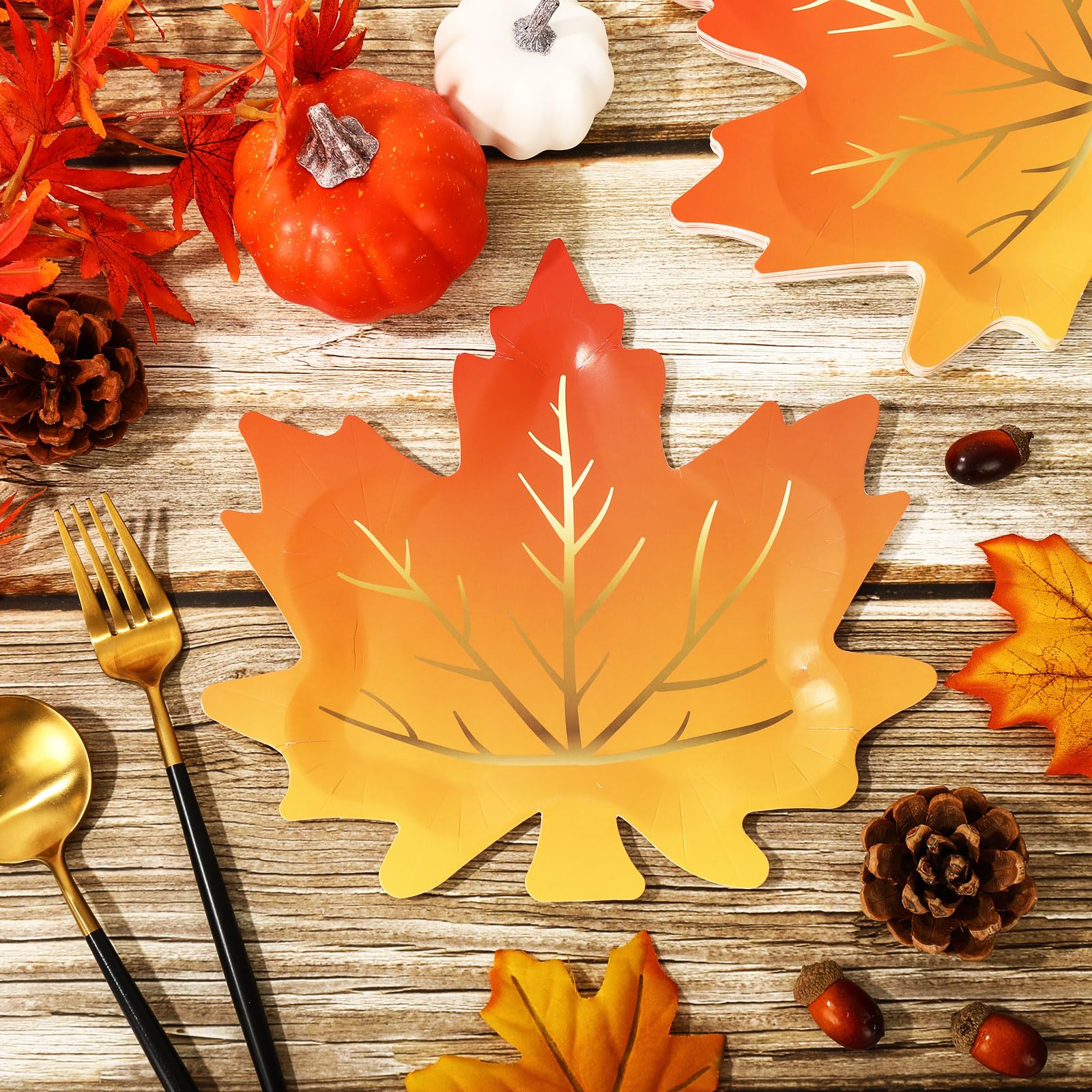 Whaline 30Pcs Fall Thanksgiving Paper Plates Maple Leaves Shaped Disposable Plates Gold Foil Autumn Leaves Harvest Plates for We
