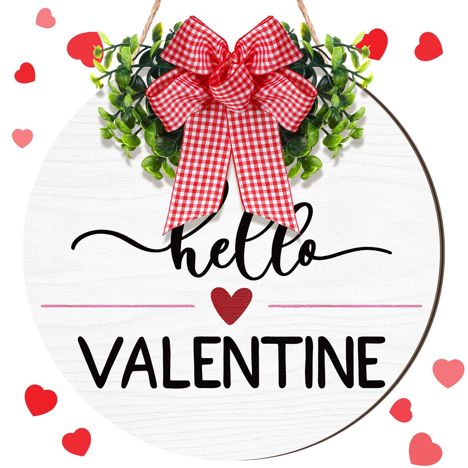 Shellwei Hello Valentines Day Sign for Front Door 12 Inches Wood Red Pink Round with Bow Valentines Day Door Wreath Hanger Ind