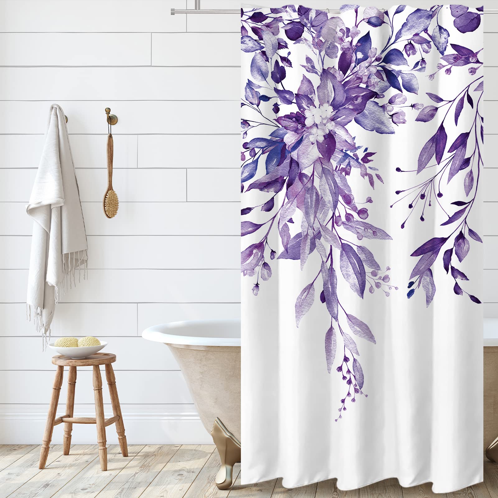 Tititex Purple Eucalyptus Shower Curtain Sets, Watercolor Leaves On The Top Plant With Floral Bathroom Decoration 36X72 Inch Wit
