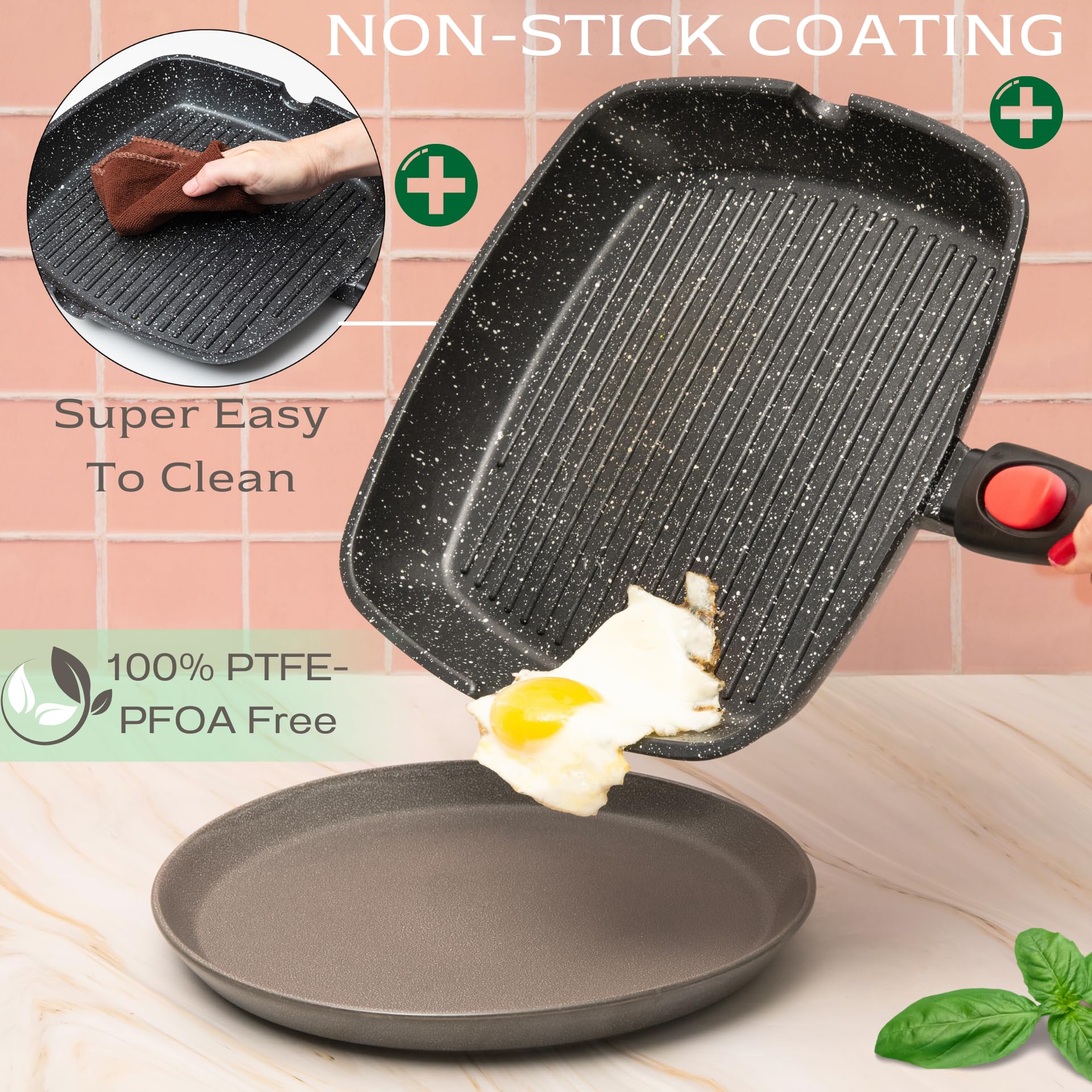 Moss & Stone Square Grill Pan For Indoor Cooking, Die Casting Aluminum Grill Pan, Removable Handle Nonstick Stove Top Grill Pan