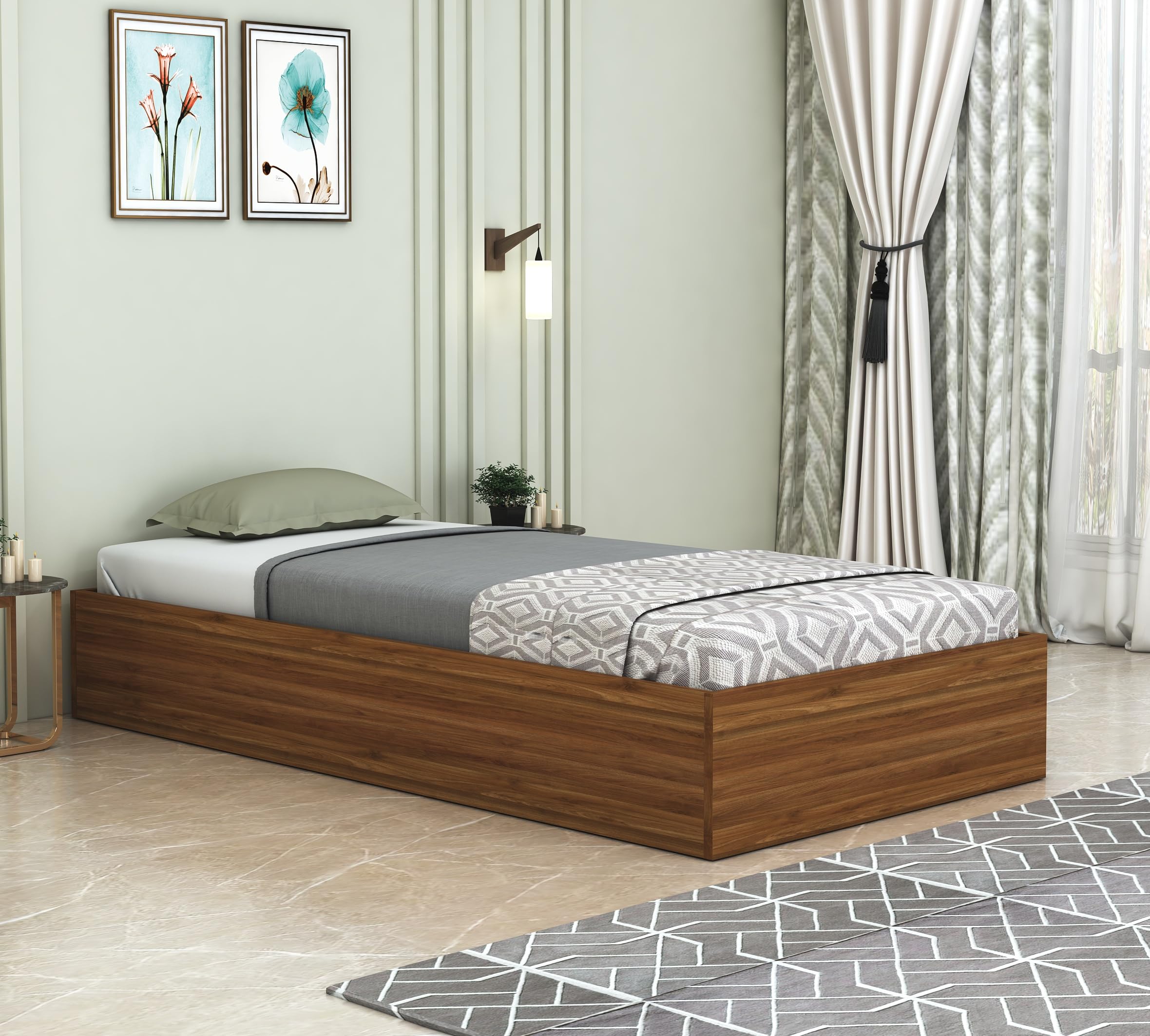Designfit Engineered Wood Single Deewan Bed With Box Storage For Bedroom Living Room Home  Walnut Finish | 1 Year Warranty