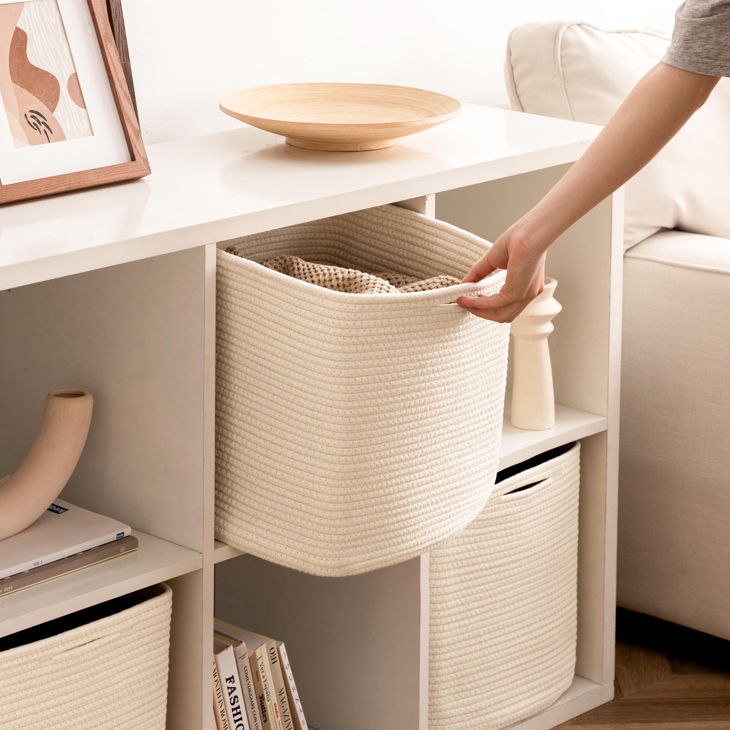 Joybest Cube Storage Bins Set Of 4, 13Inch Cube Baskets Organizer For Nursery, Square Cotton Rope Baskets For Shelves Organizing