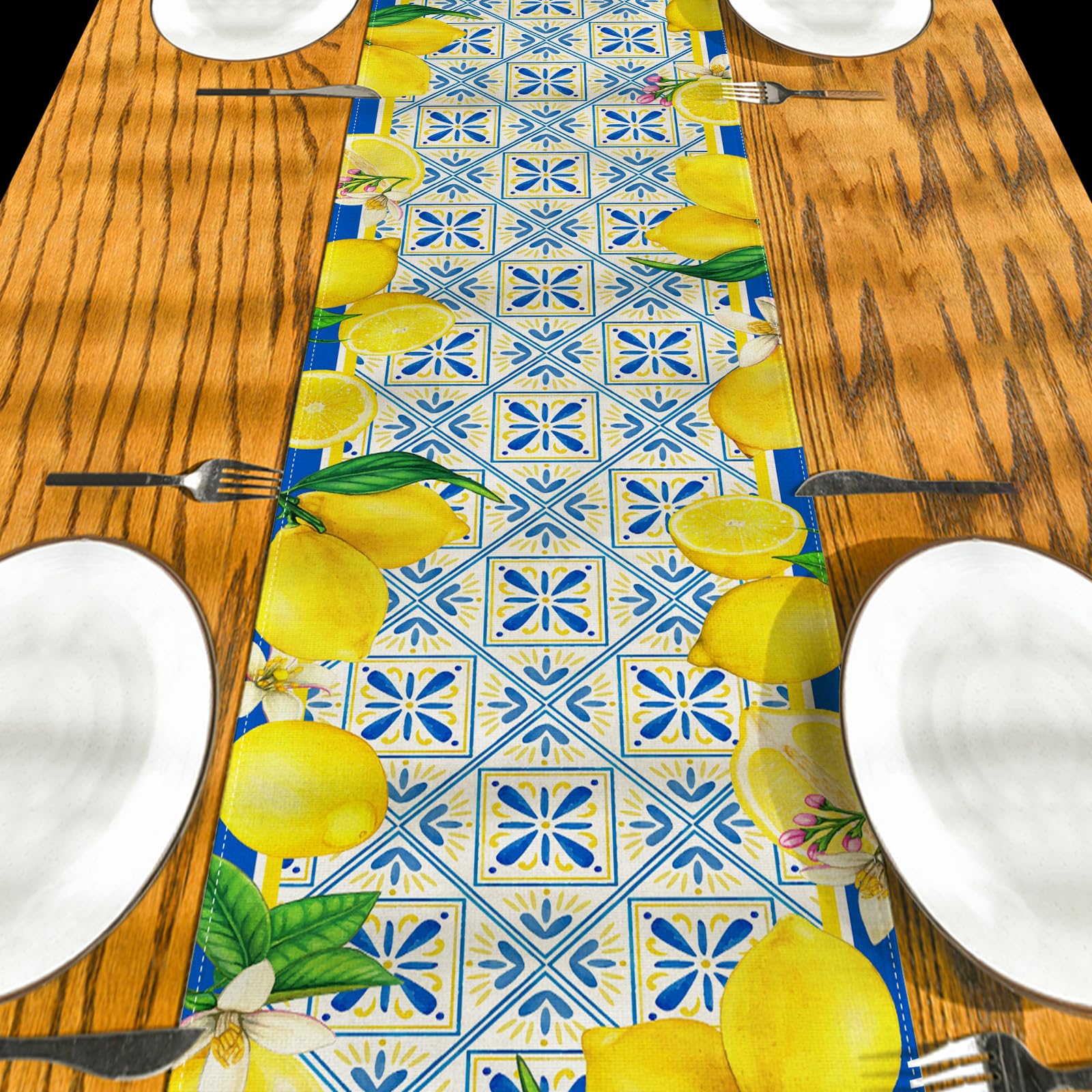 Summer Lemon Table Runner Spring Italian Lemons Table Cover Italy Blue Tiles Lemon Decor Cyan-Blue Tile Burlap Artificial Lemon