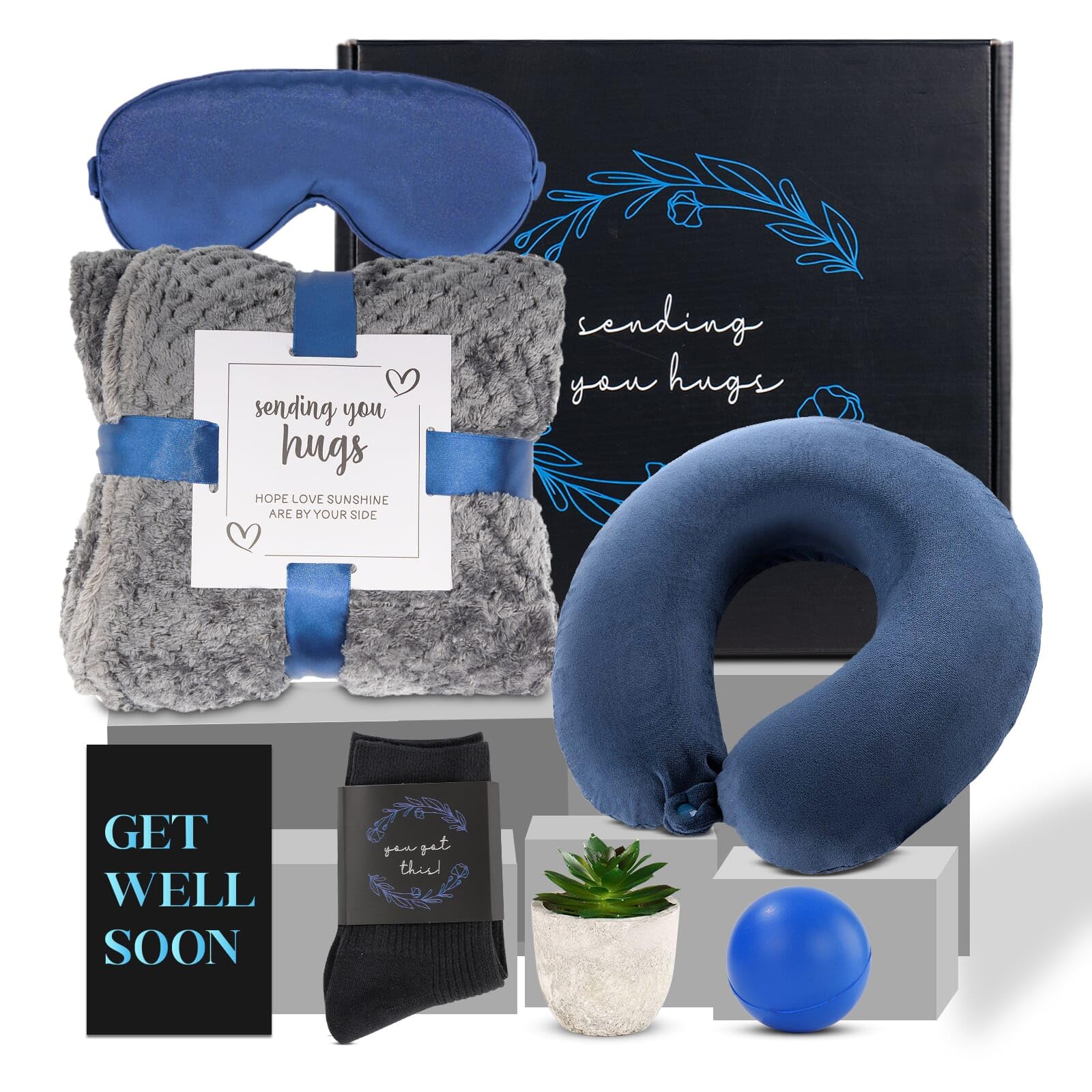 Get Well Gifts For Men,Care Package For Men With Cozy Blanket|Memory Foam Pillow|Stress Ball|Socks|Eye Mask|Thinking Of You Gree