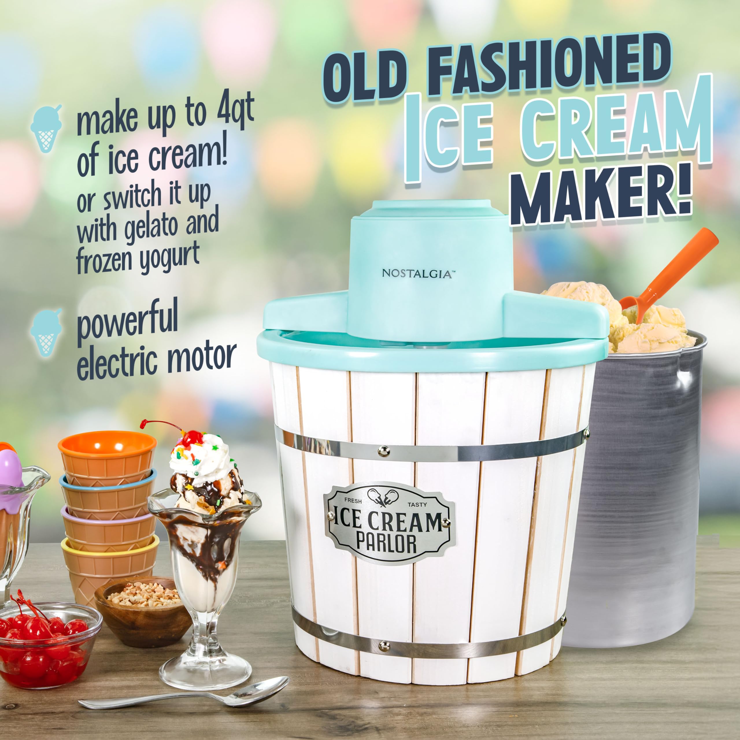 Nostalgia Electric Ice Cream Maker - 4 Qt Old Fashioned Soft Serve Machine - Aqua/White - Makes Frozen Yogurt & Gelato