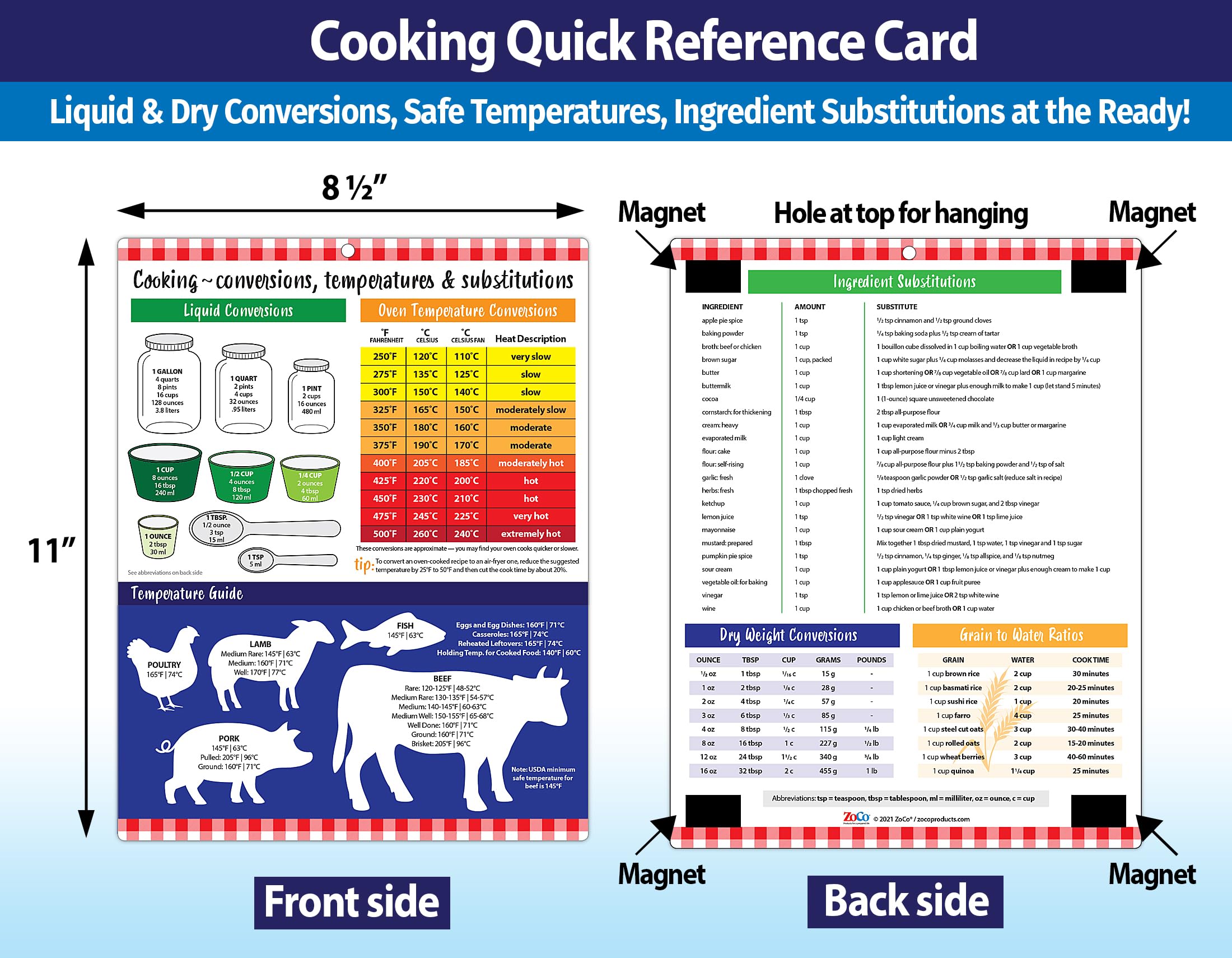 Cooking Conversion Chart Kitchen Magnet - Liquid, Dry Weight, Oven Temperature Conversions - Food, Meat Internal Temperature Gui