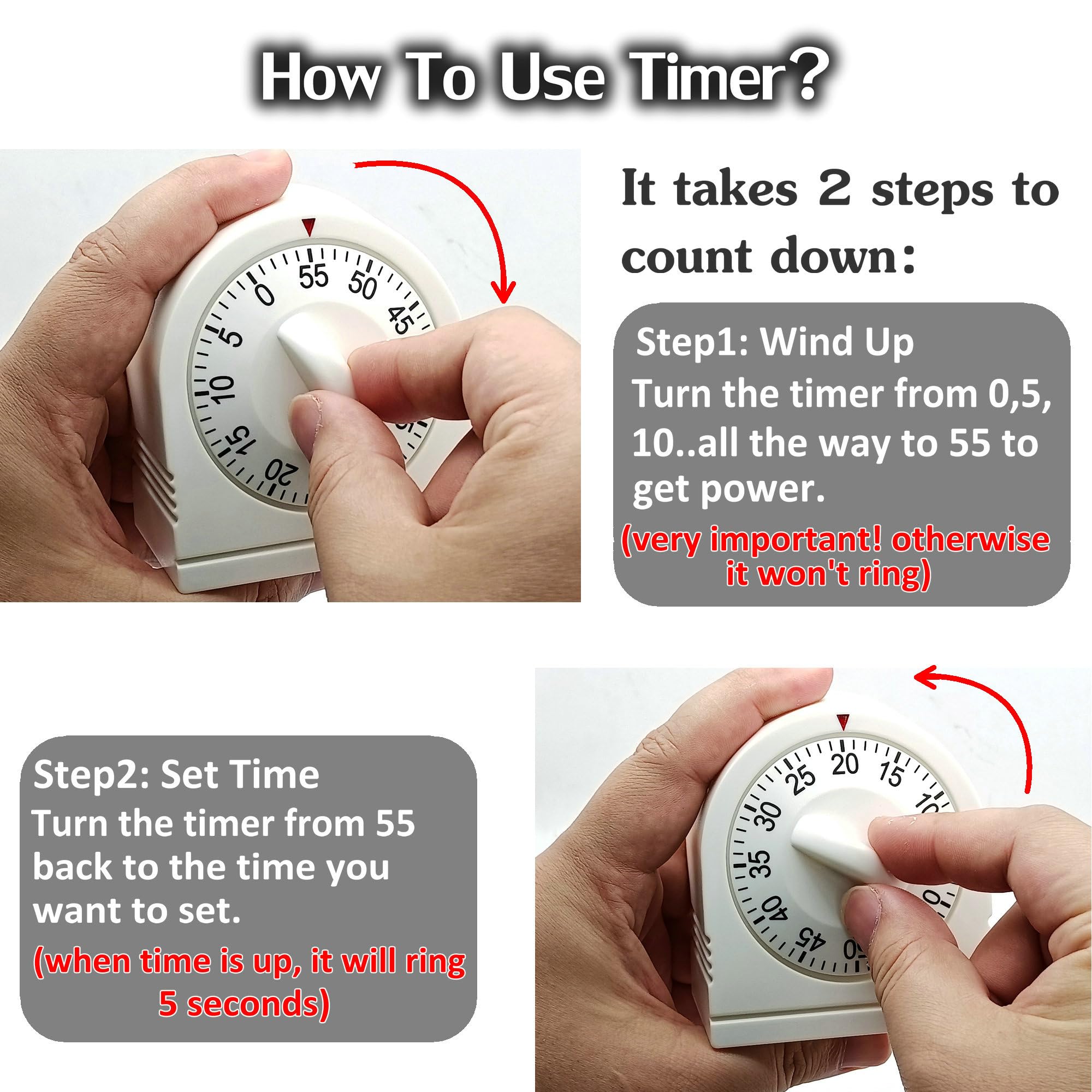 60 Minute Wind Up Timer, Visual Mechanical Timer With Loud Alarm, Manual Countdown Timer For Classroom, Home, Study And Cooking