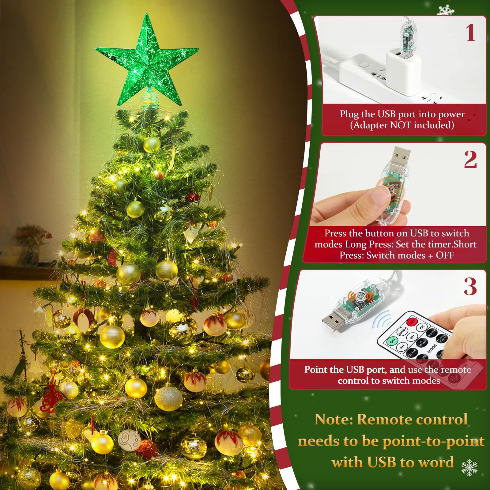 Green Christmas Tree Star Topper with Lights, 8.5-Inch Light-Up Christmas Tree Topper with Remote Control, 4 Brightness Levels &