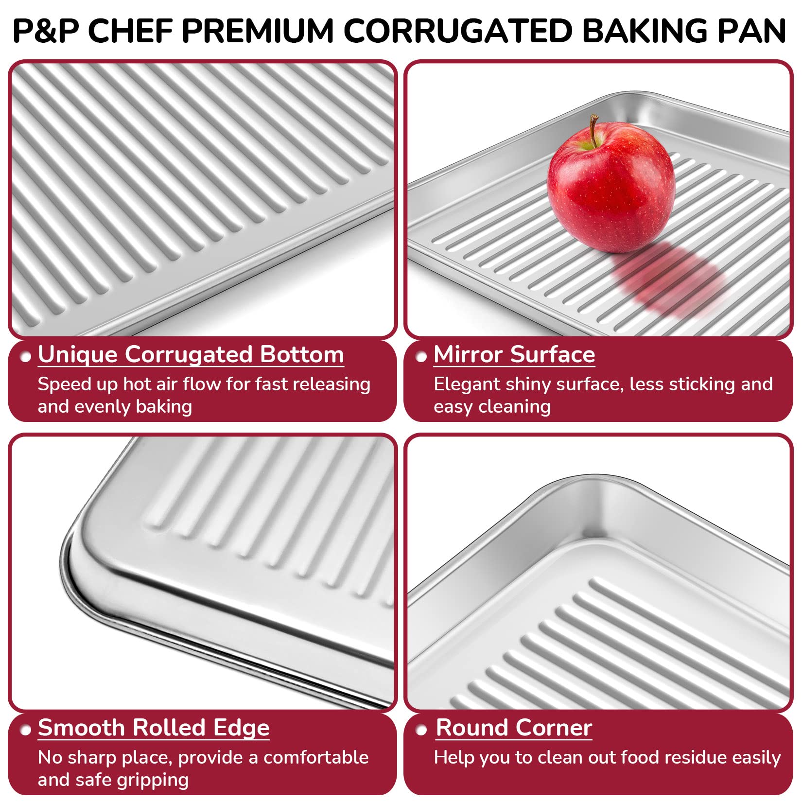 P&P Chef Mini Toaster Oven Pan Set Of 2, 9 X 7 X 1 Inch Stainless Steel Small Baking Cookie Pan For Cooking & Roasting, Corrugat