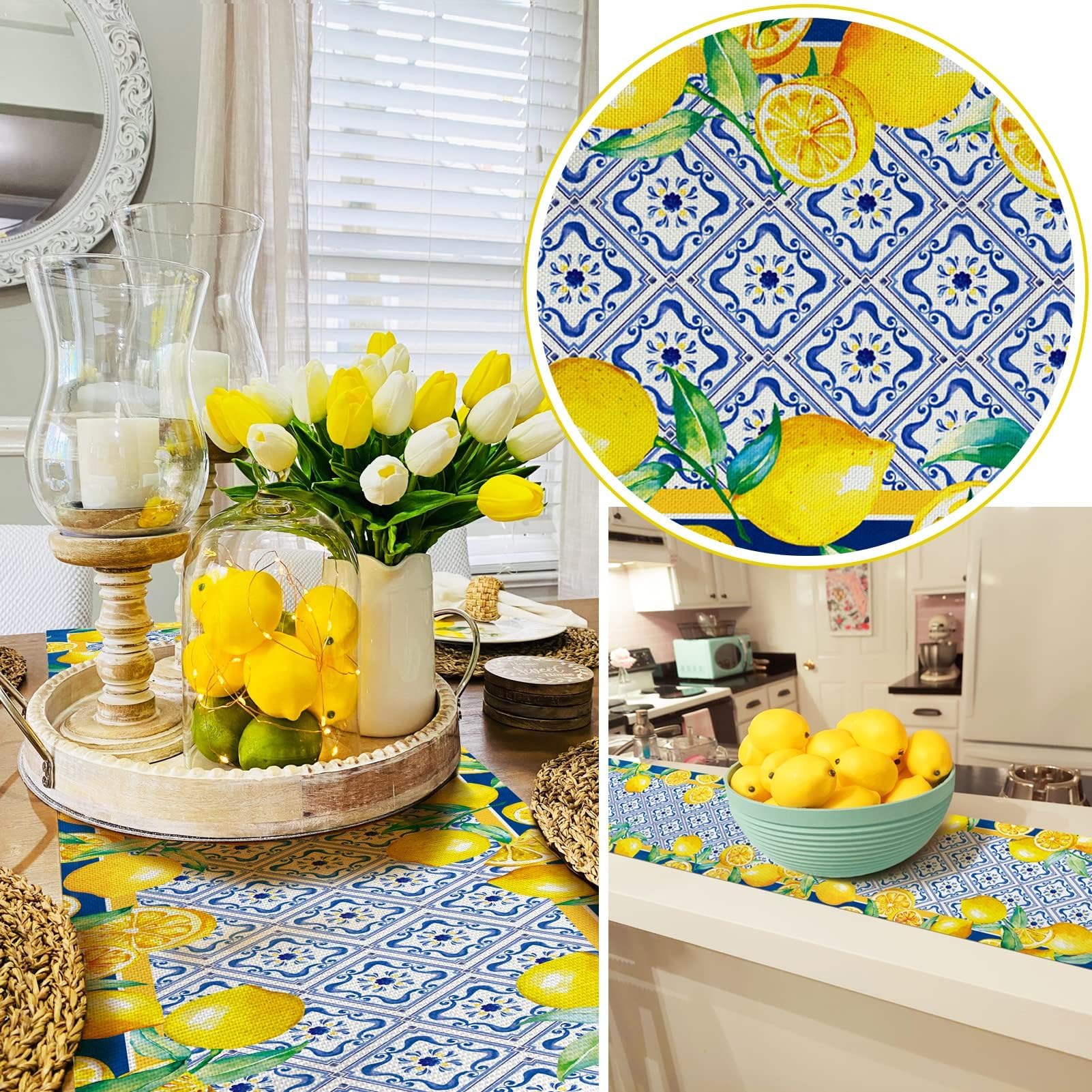 Whomeaf Capri Blue Lemon Table Runner Italy Tile Burlap Artificial Yellow Lemon Fruit Table Runners Farmhouse Coffee Table Cente