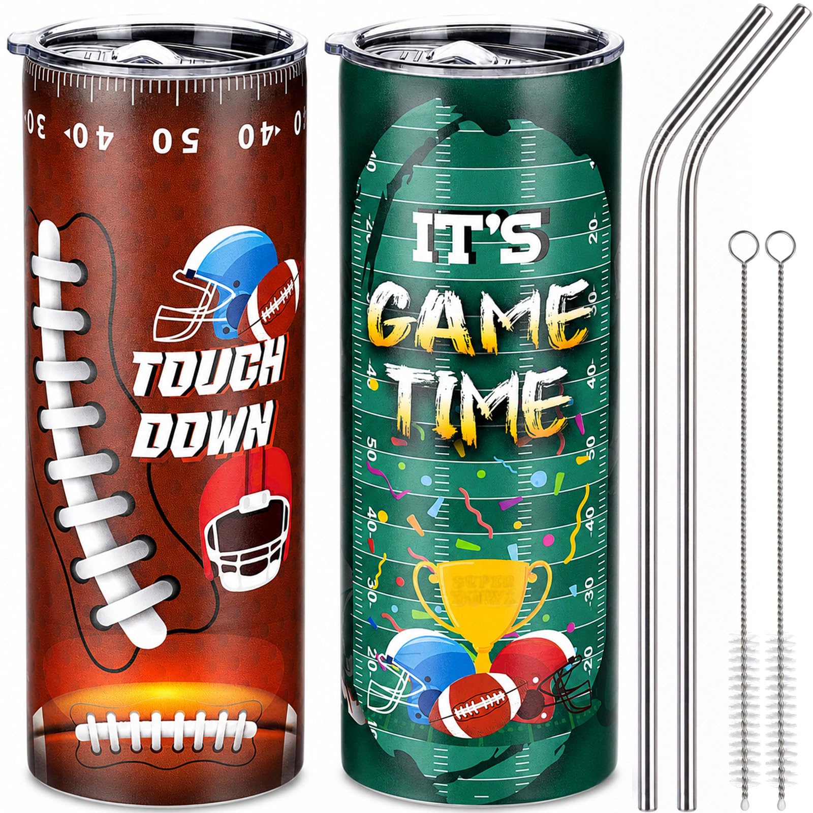 Geiserailie 2 Pack Football Tumbler Cups Gifts 20 oz Insulated Stainless Steel Sports Travel Mug with Lids Straws for Christmas 