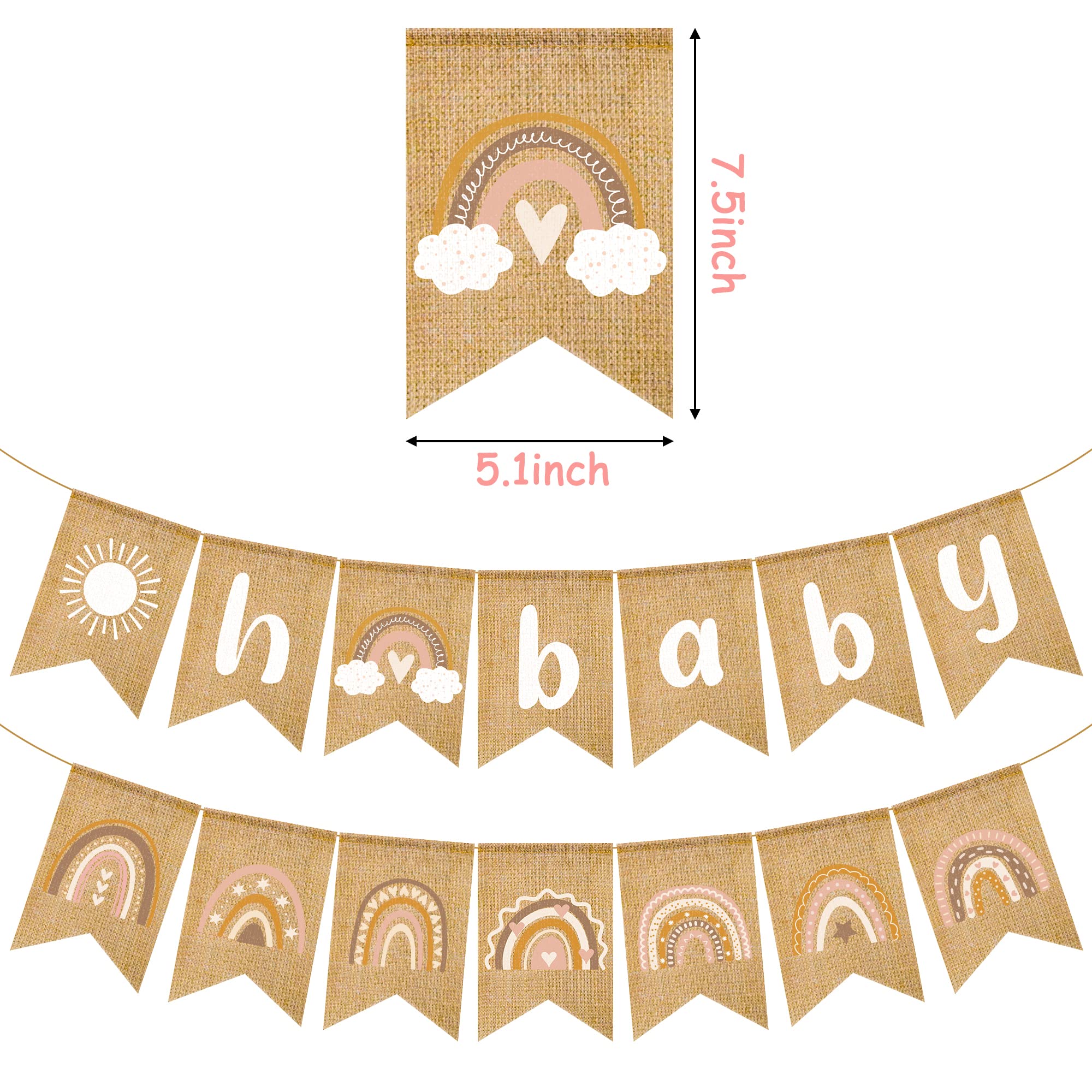 Angolio Boho Rainbow Baby Shower Banner, Gender Neutral Decorations, 2Pcs Burlap Flags, Vintage Design, Lightweight, Portable, H
