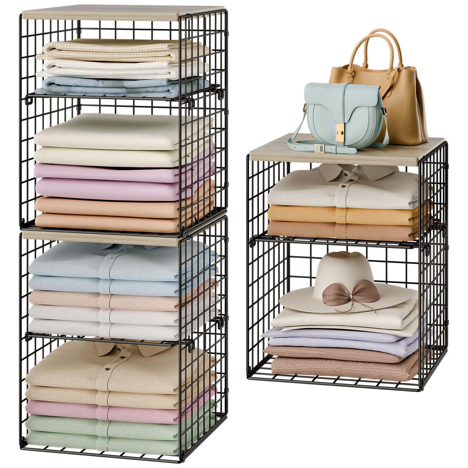6Tier Stackable Closet Organizers And Storage Basket, Closet Shelf Organizer With Adjustable Divider & Wood Top Board, Set Of 3