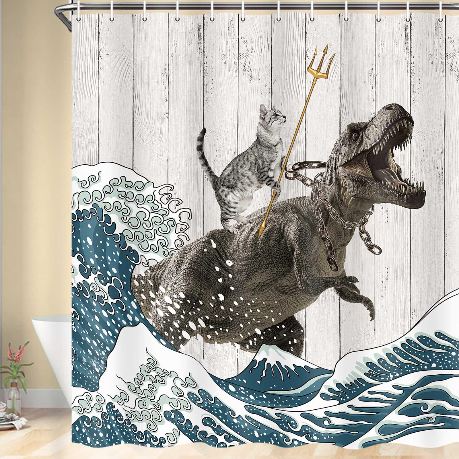 Boziqr Funny Cat Shower Curtain, Cool Cat Dinosaur Japanese Ocean Wave Decor Fabric Bathroom Curtains, Kids Children Rustic Wood